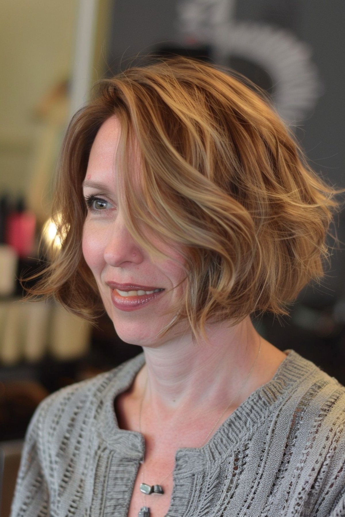 Chin-length graduated bob with soft waves and honey blonde highlights