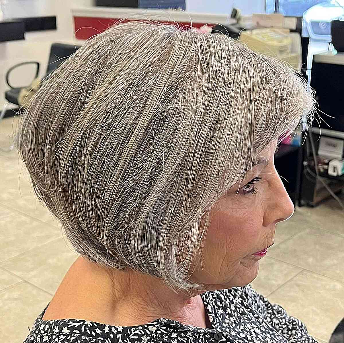 Chin-Length Gray Bob with Rounded Stacked Layers for Senior Ladies