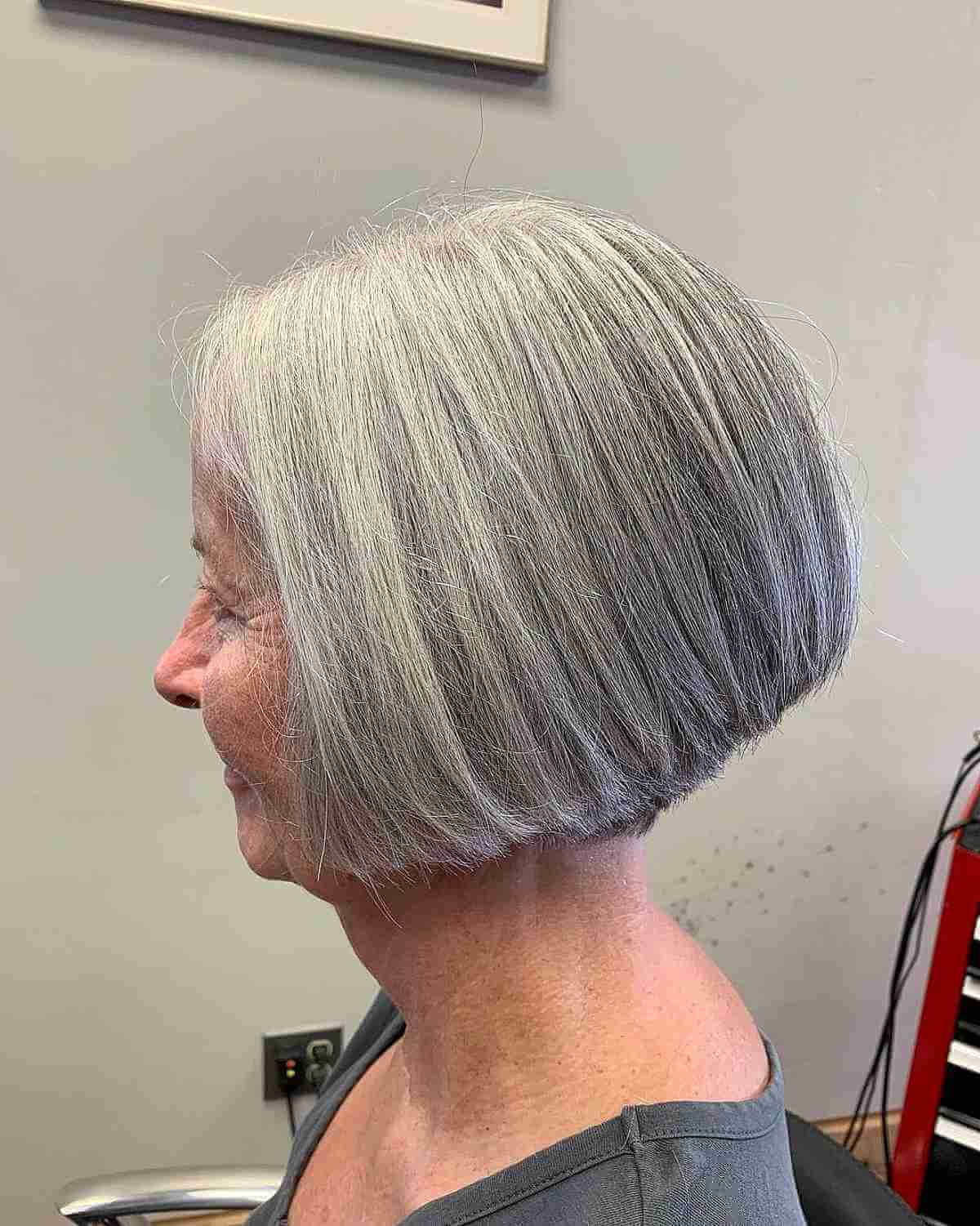 Chin-Length Low Stacked Gray Bob for Older Ladies