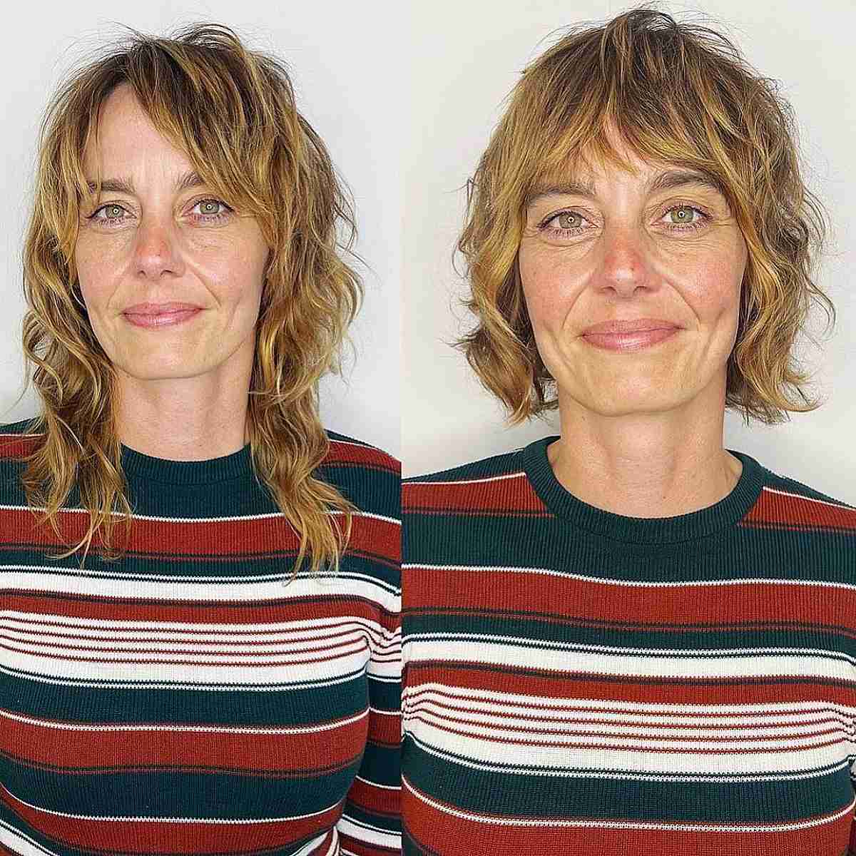 Chin-Length Messy Beach Waves with Bangs for Square Face Shapes