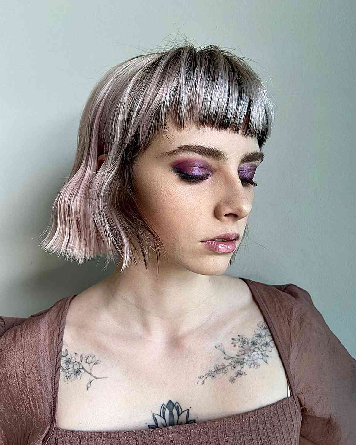 Chin-Length Muted Pink Blunt Box Bob with Fringe