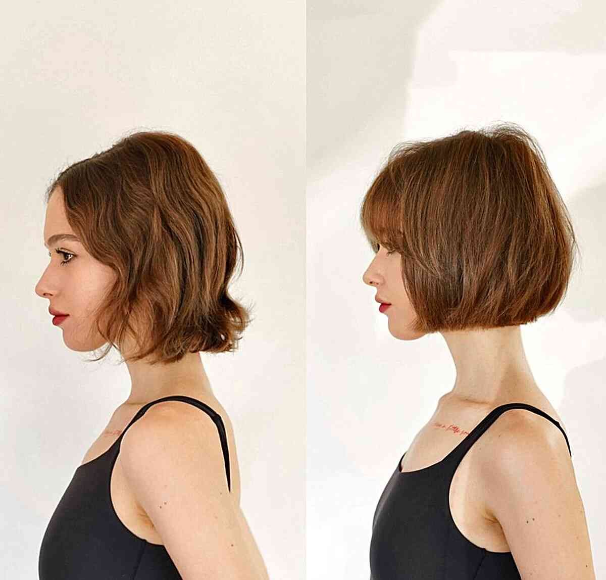 Chin-Length Rounded Bob with Dark Caramel Tones for Fine Hair