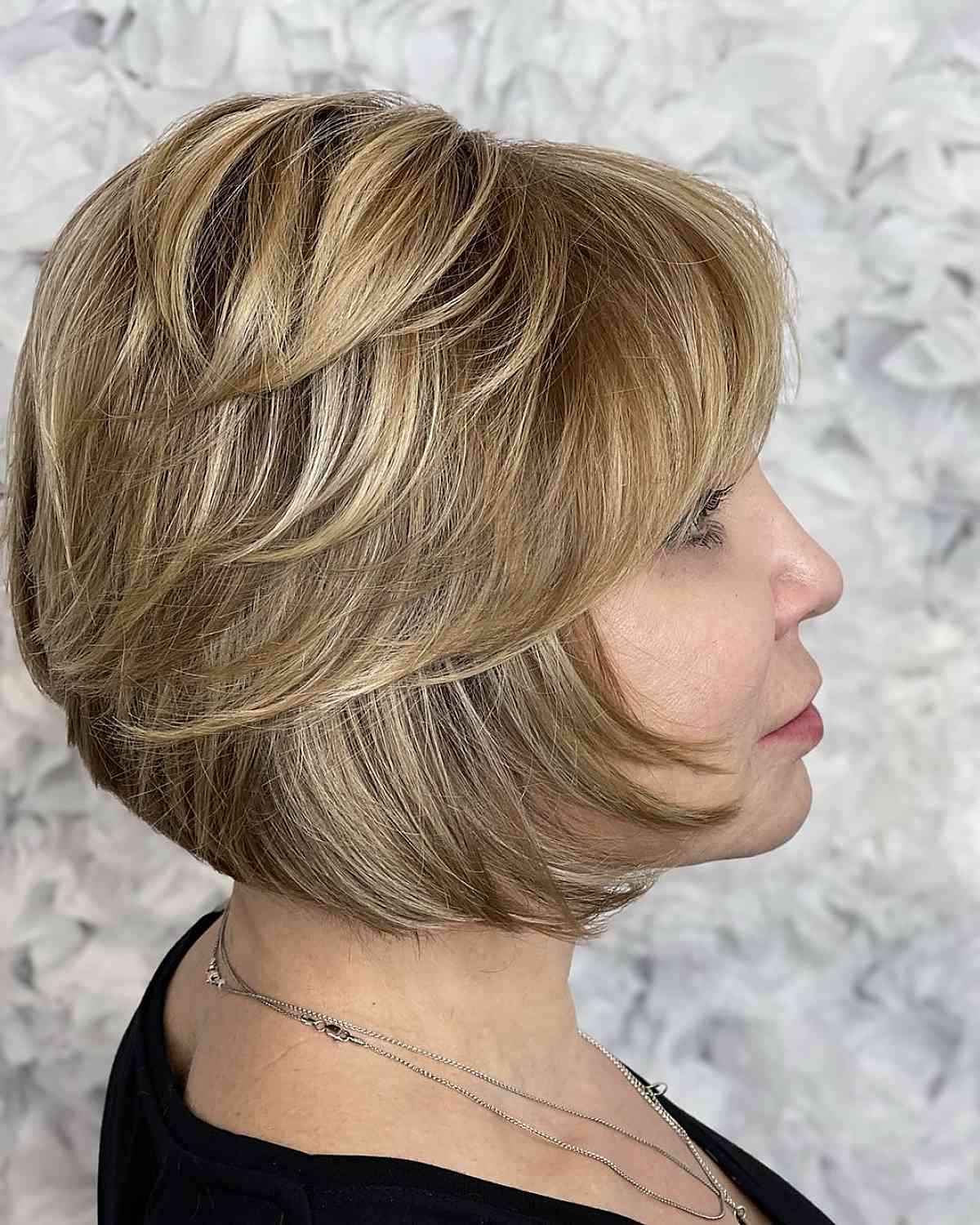 Chin-length stacked layered bob for fine hair