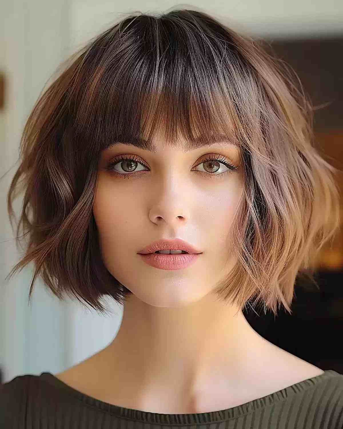 Chin-Length Tousled Brunette Bob with Visible Layers and bangs