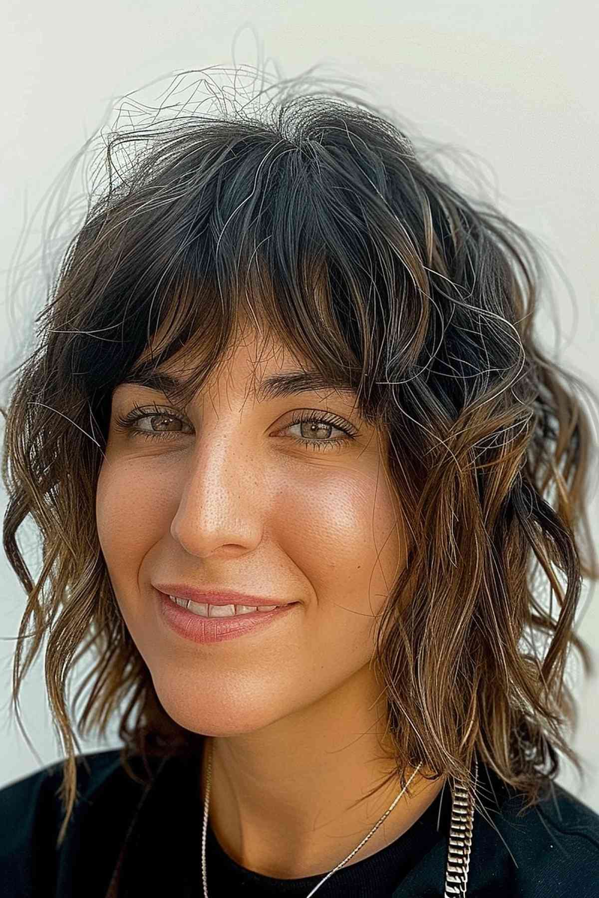 Chin-Length Shag Hairstyle with Piecey Waves and Irregular Fringe