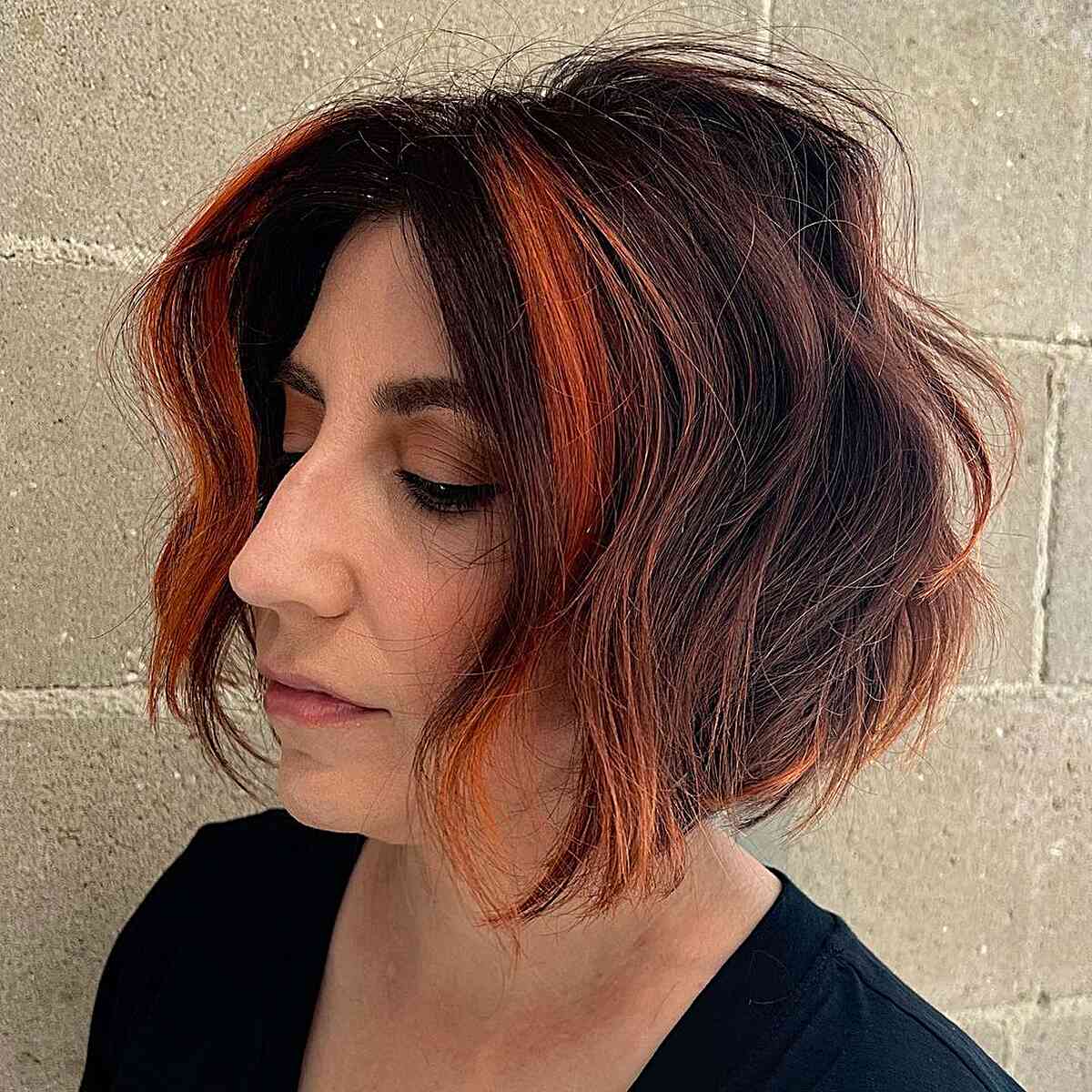 Chin-Length Wavy Concave Bob with Copper Highlights