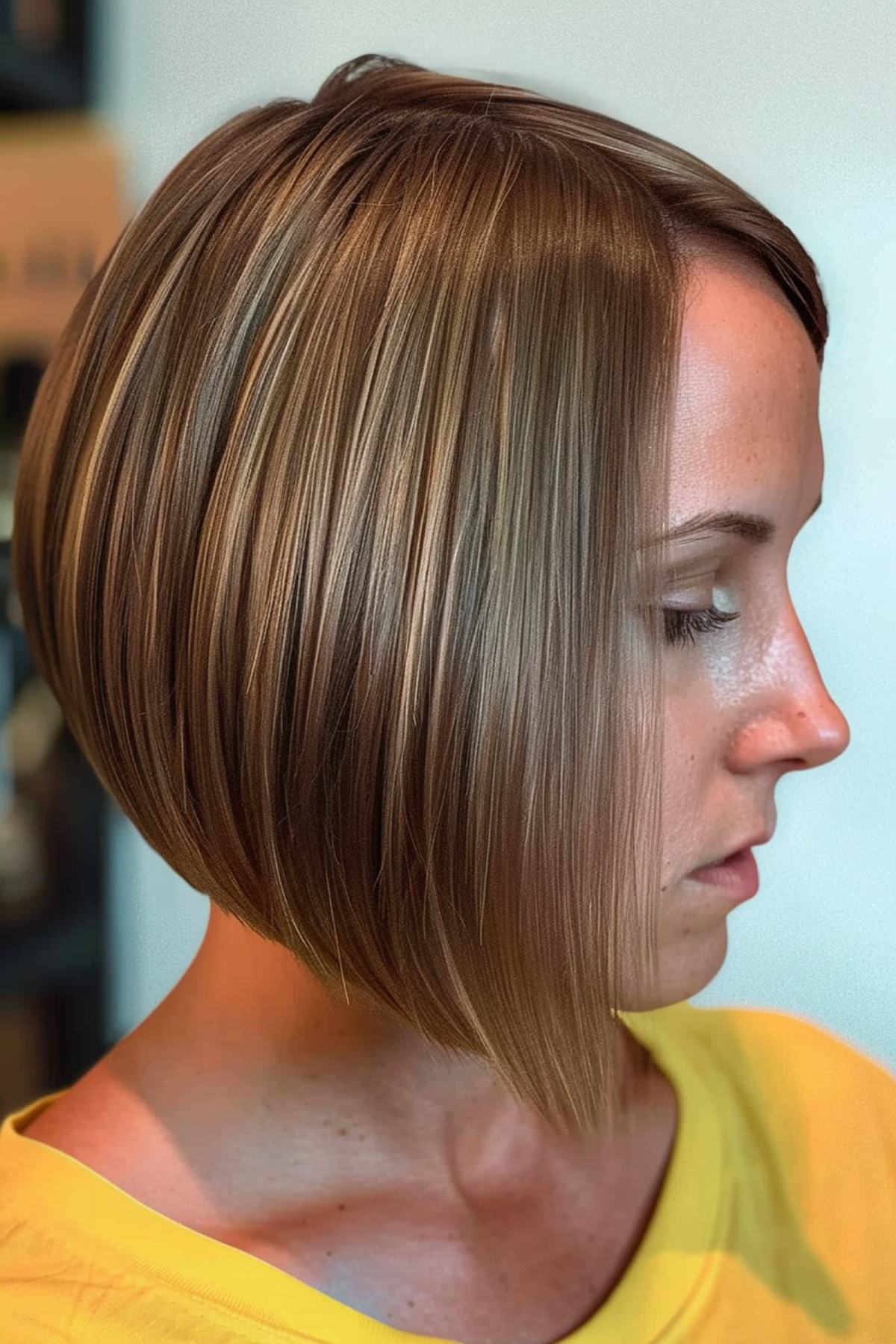 Chin-Length Straight Wedge Bob Hairstyle with Brown and Blonde Highlights