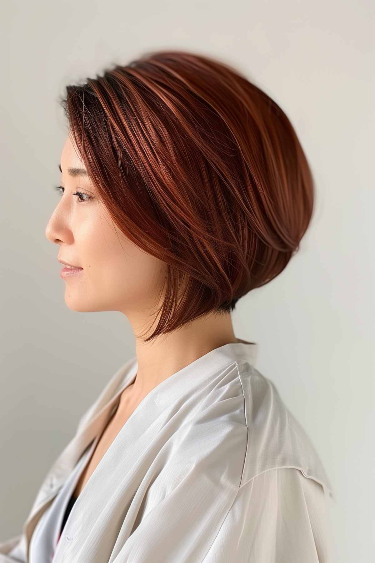 Angular Chinese bob with a short back and longer front for straight hair