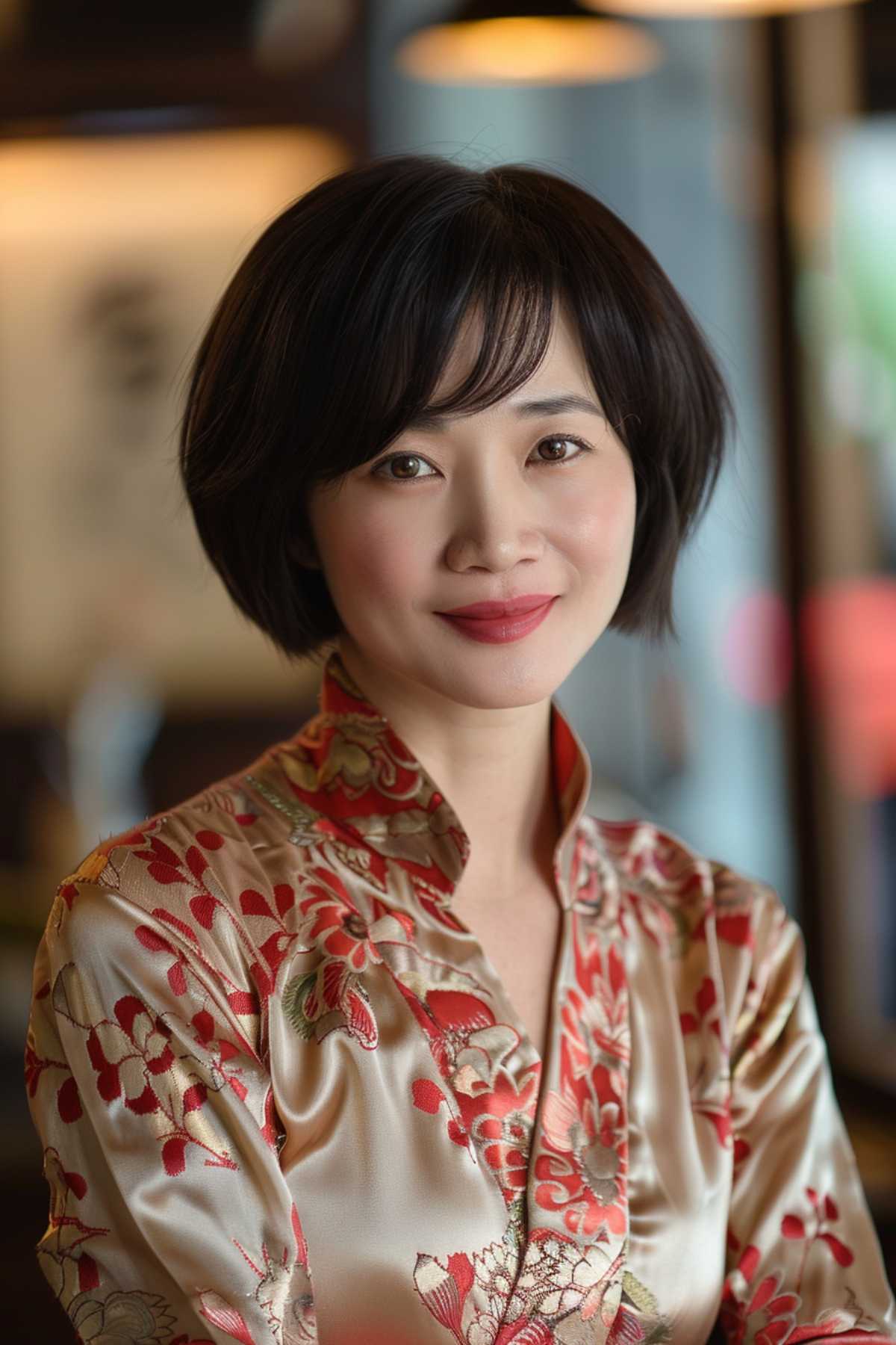 Chinese bob cut with side bangs, chin-length, for straight to slightly wavy hair