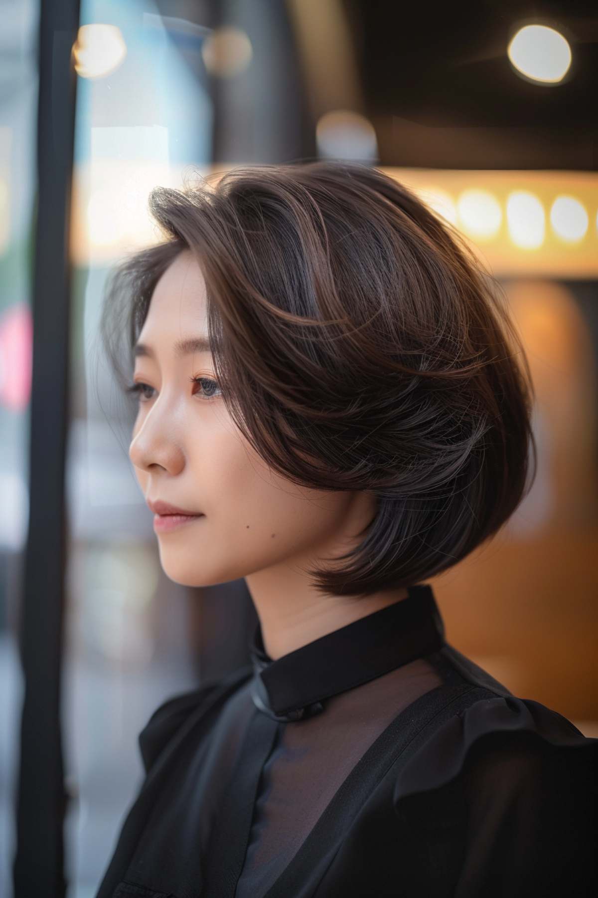 Chinese bobbed cut with feathered layers for straight hair, chin-length