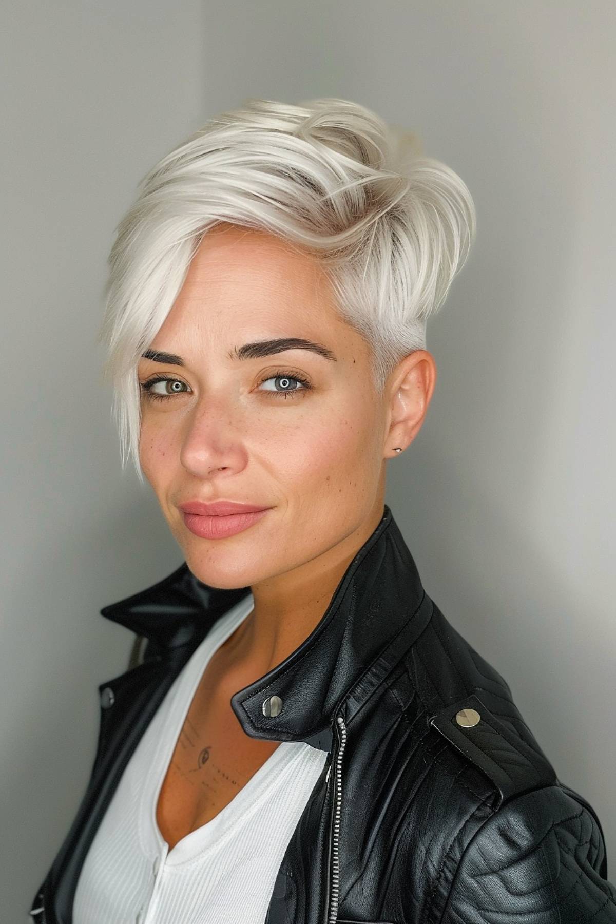 Chiselle pixie hairstyle with clean lines and modern platinum tones