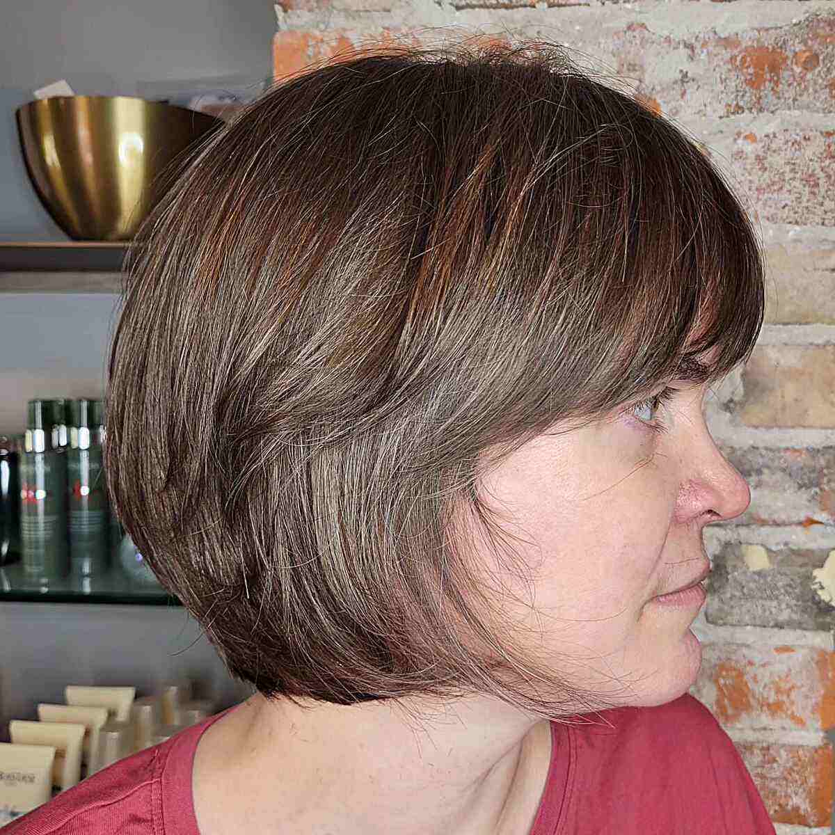 Short-Length Chocolate Brown Graduated Bob with Arched Bangs