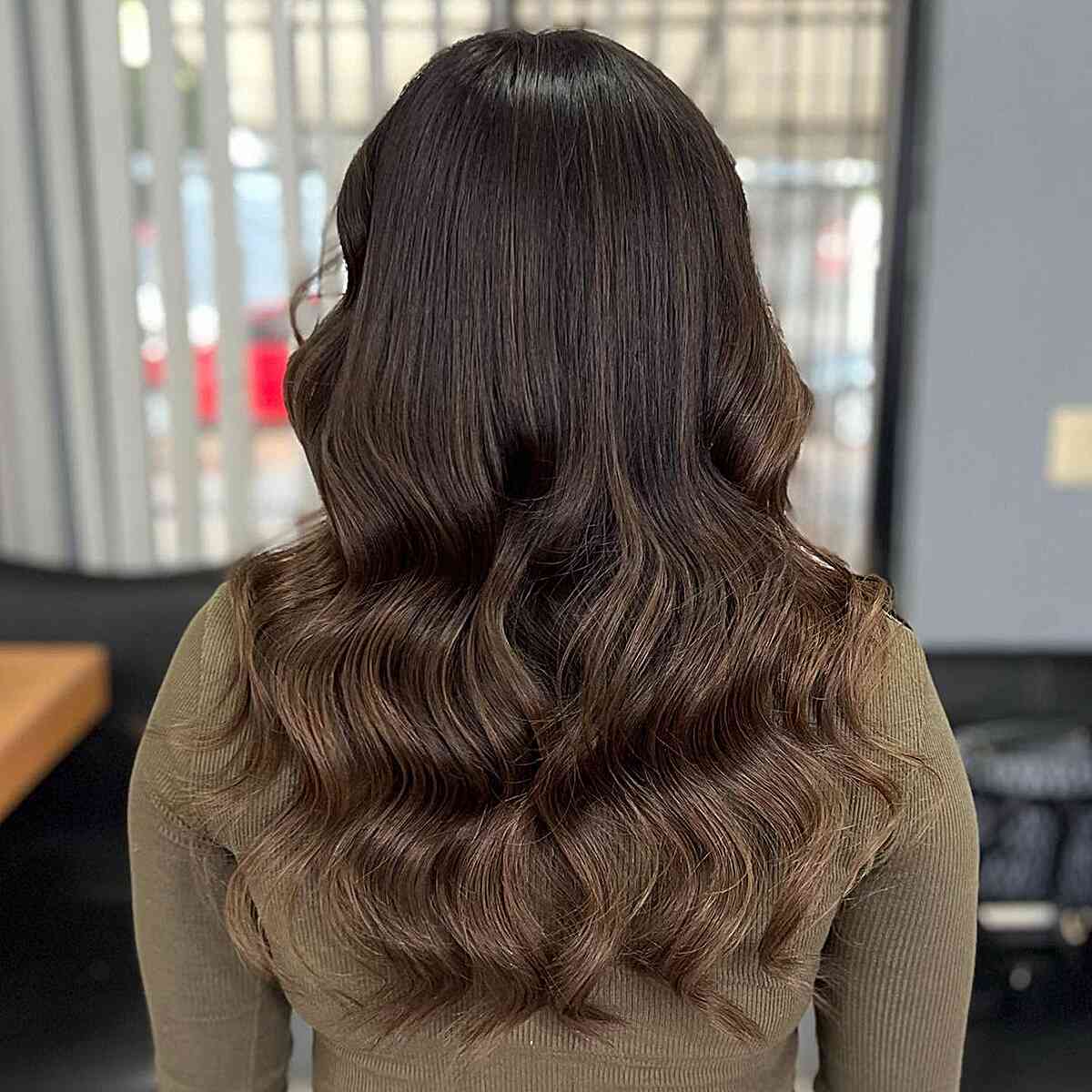 Long Wavy Chocolate Brown Hair Balayage with Lighter Ends
