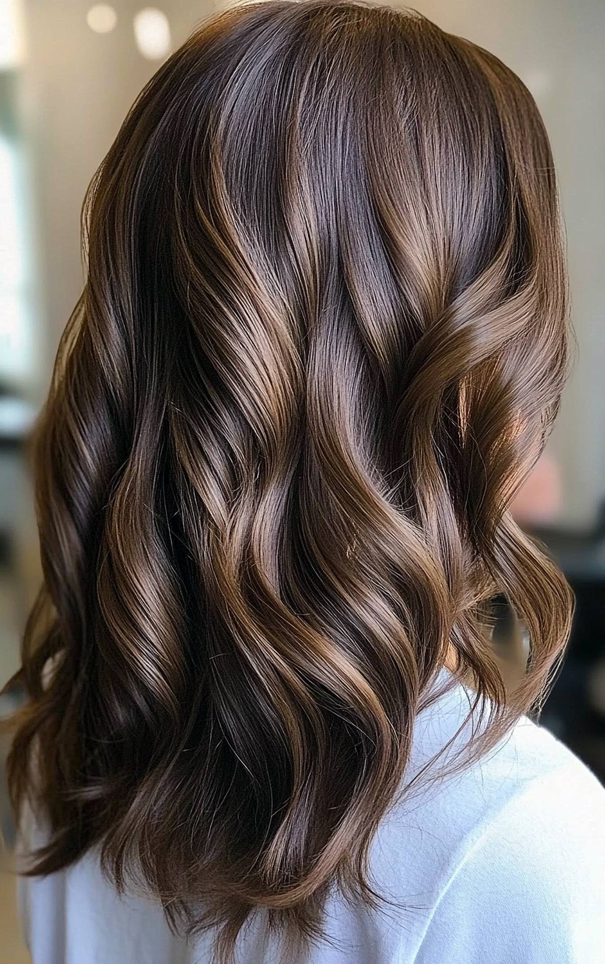 Wavy chocolate brown hair with light brown highlights