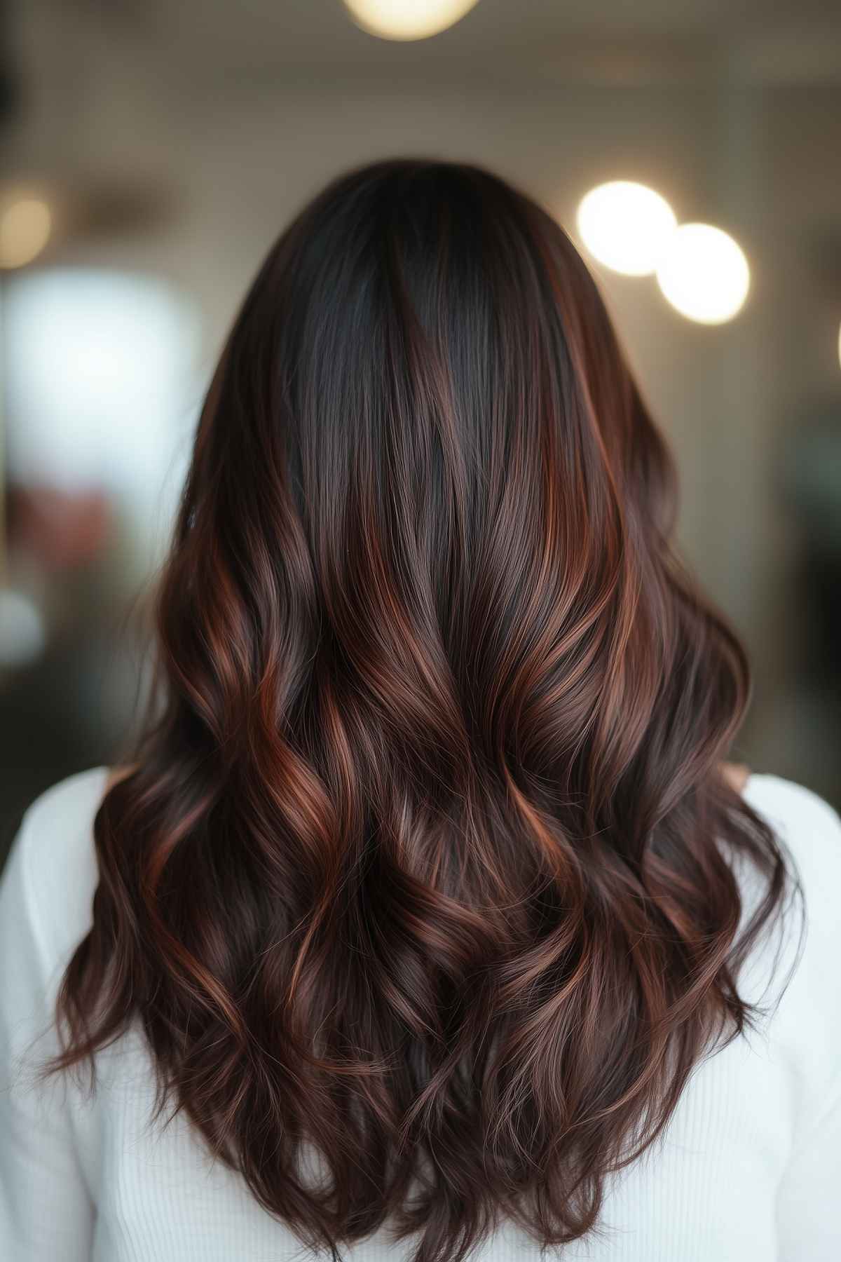 Chocolate brown hair enhanced with reddish brown highlights for autumn