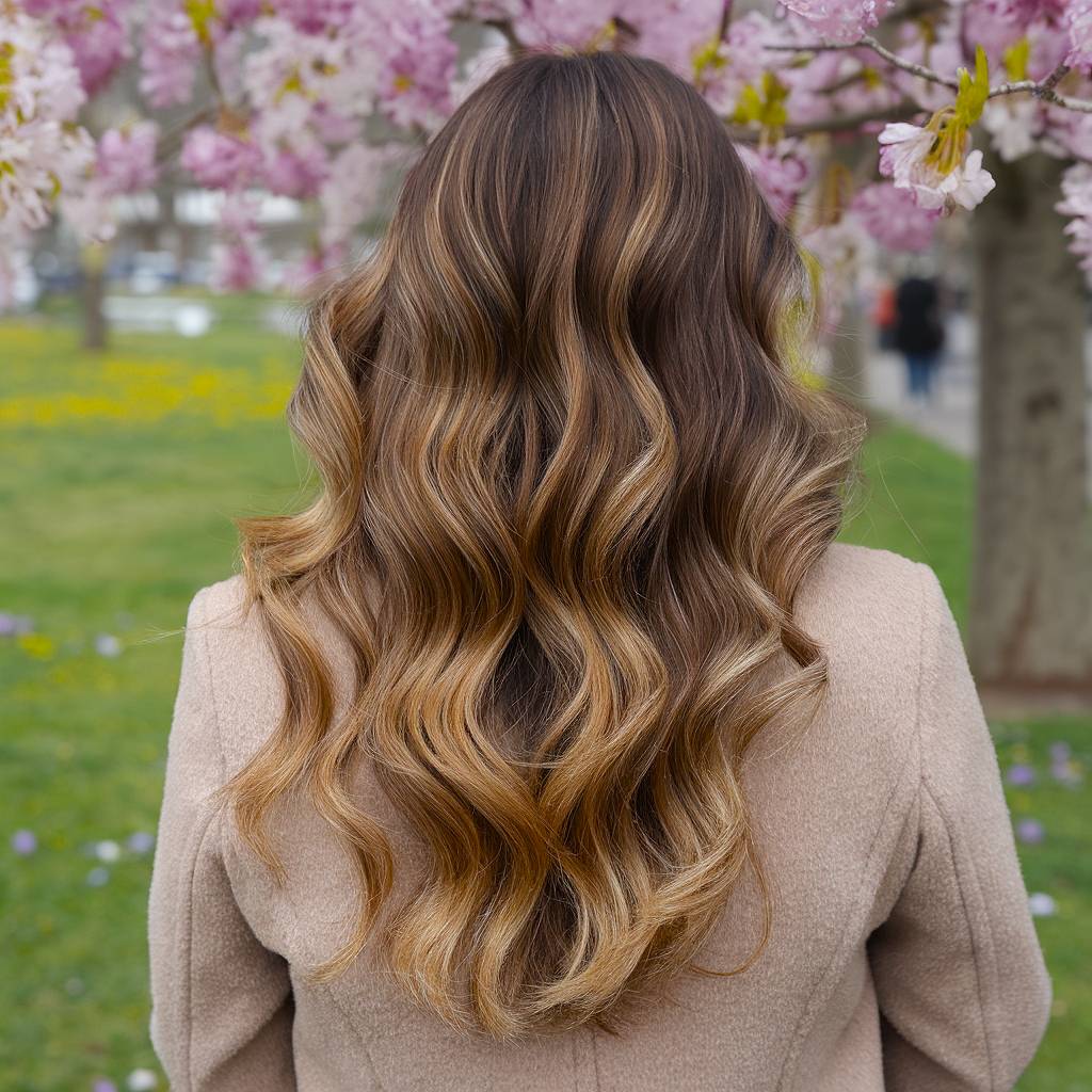 Long wavy chocolate brown hair with warm golden highlights, adding depth and brightness for spring