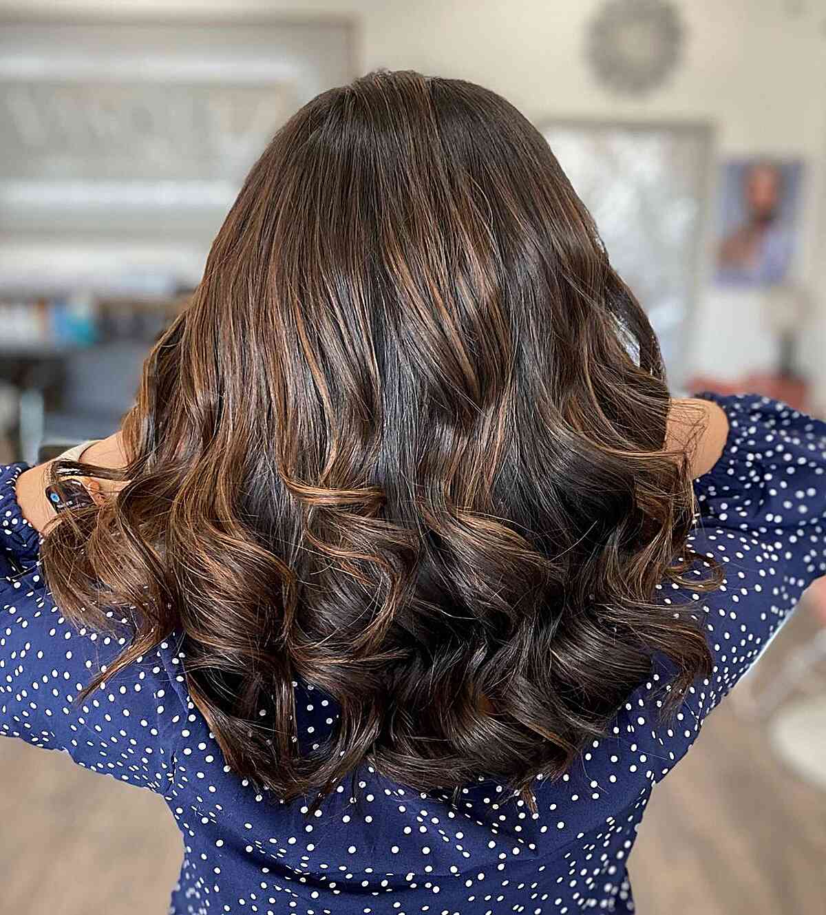 Chocolate Caramel Brown Balayage Highlights with Curly Ends on Mid-Length Dark Brunette Hair