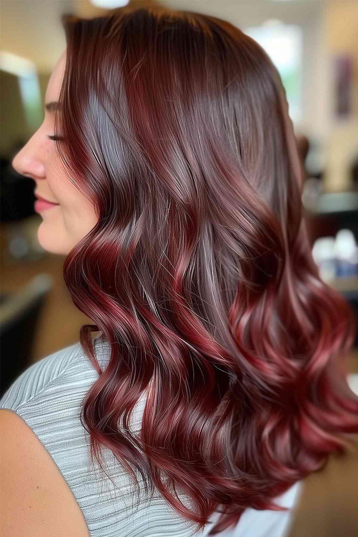 Long wavy hair with a chocolate cherry red blend for a warm and rich hair color.
