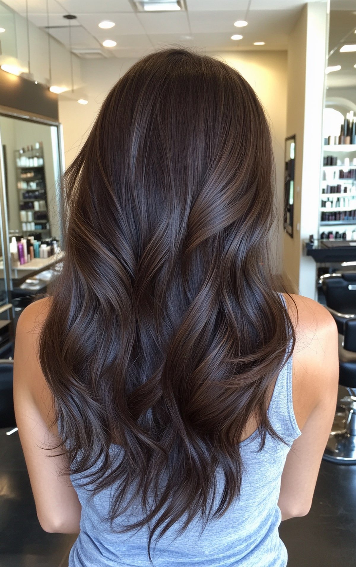 Chocolate espresso hair color with long soft waves for medium thick hair