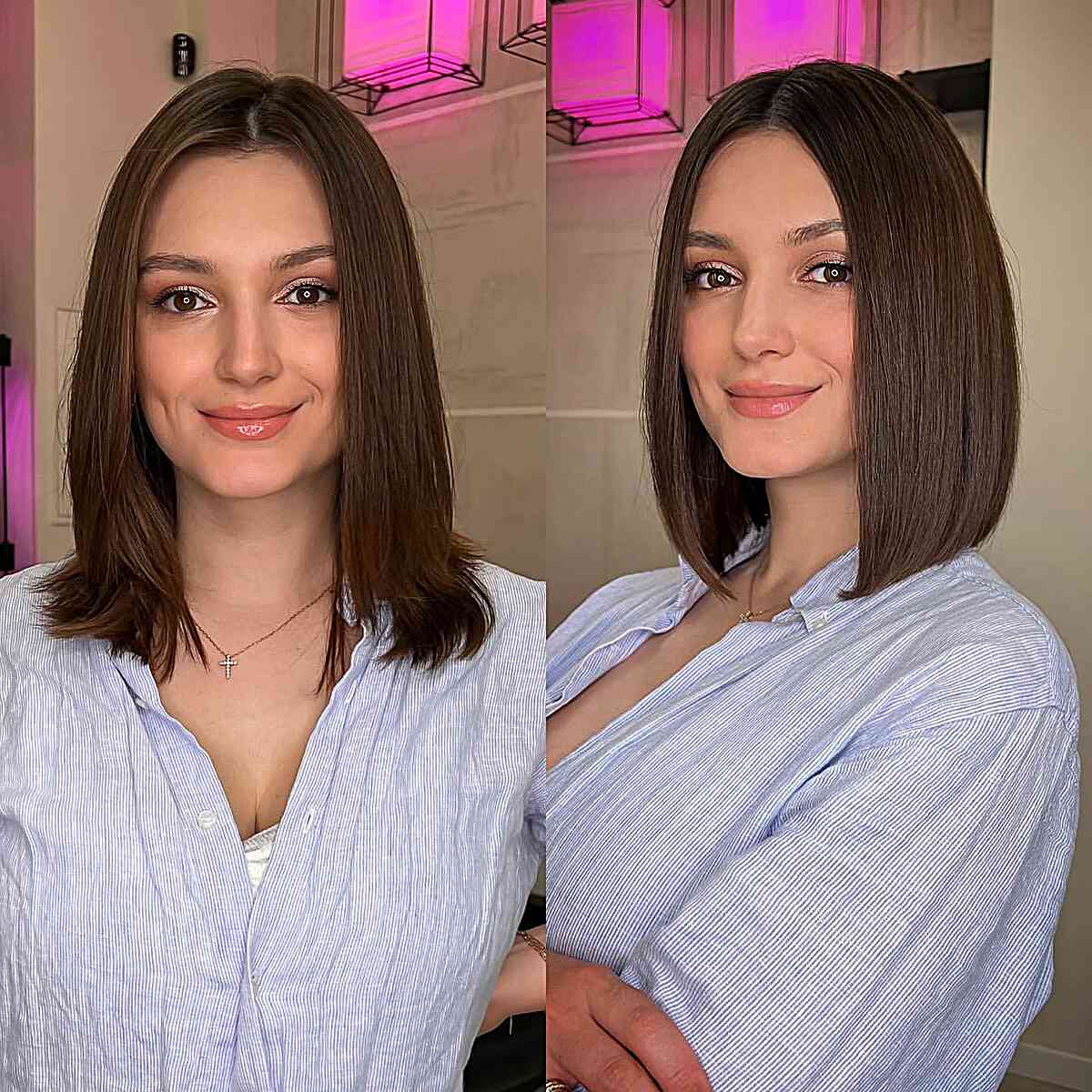 Chocolatey Middle-Parted Straight Bob for women with shoulder-length hair