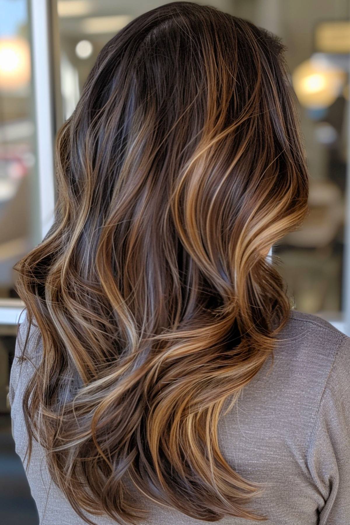 Decadent dark chocolate brown hair with hand-painted caramel and hazelnut highlights