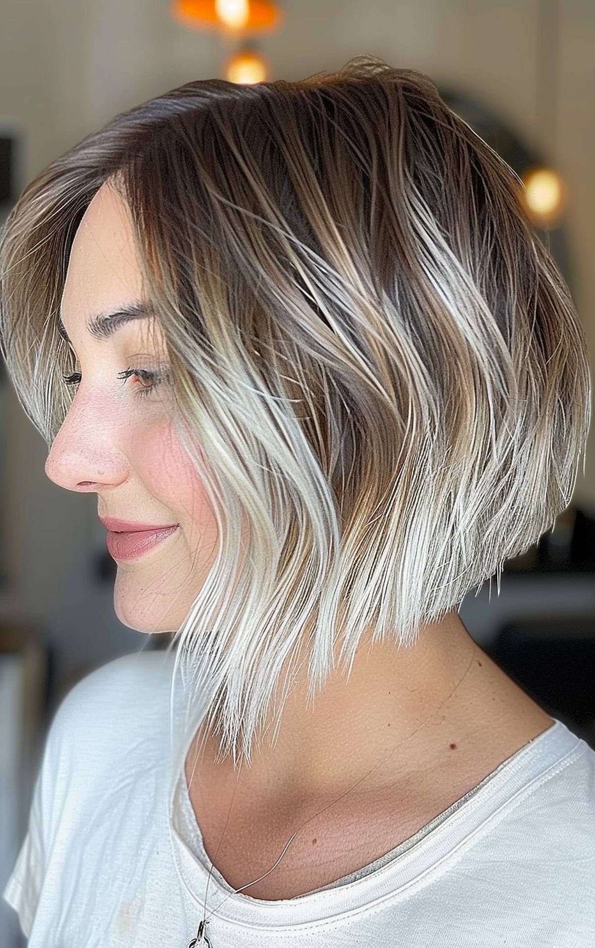 Choppy angled bob with shadow roots and platinum blonde ends