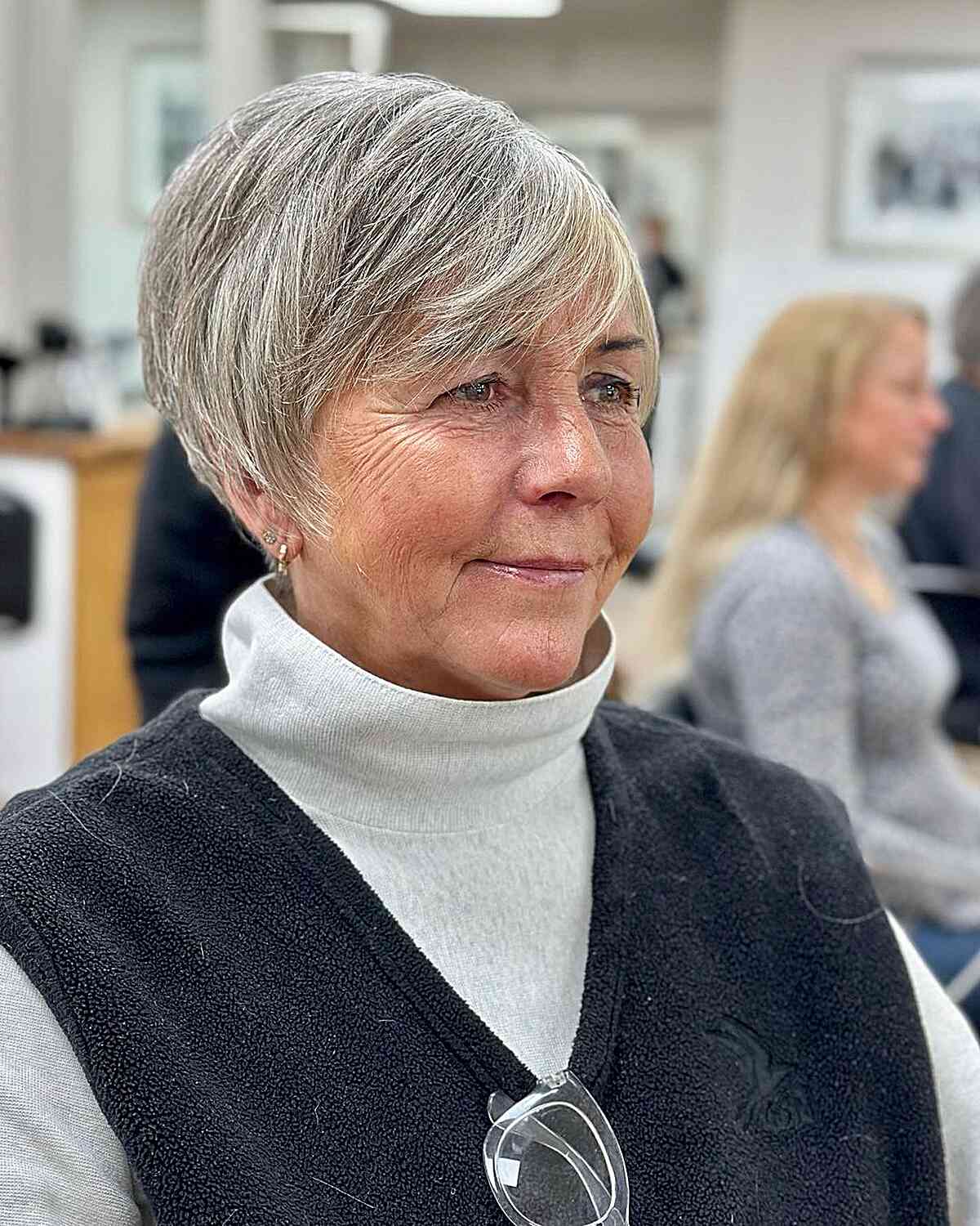 Choppy Angled Pixie Cut with Side Bangs on Older Women Over Seventy