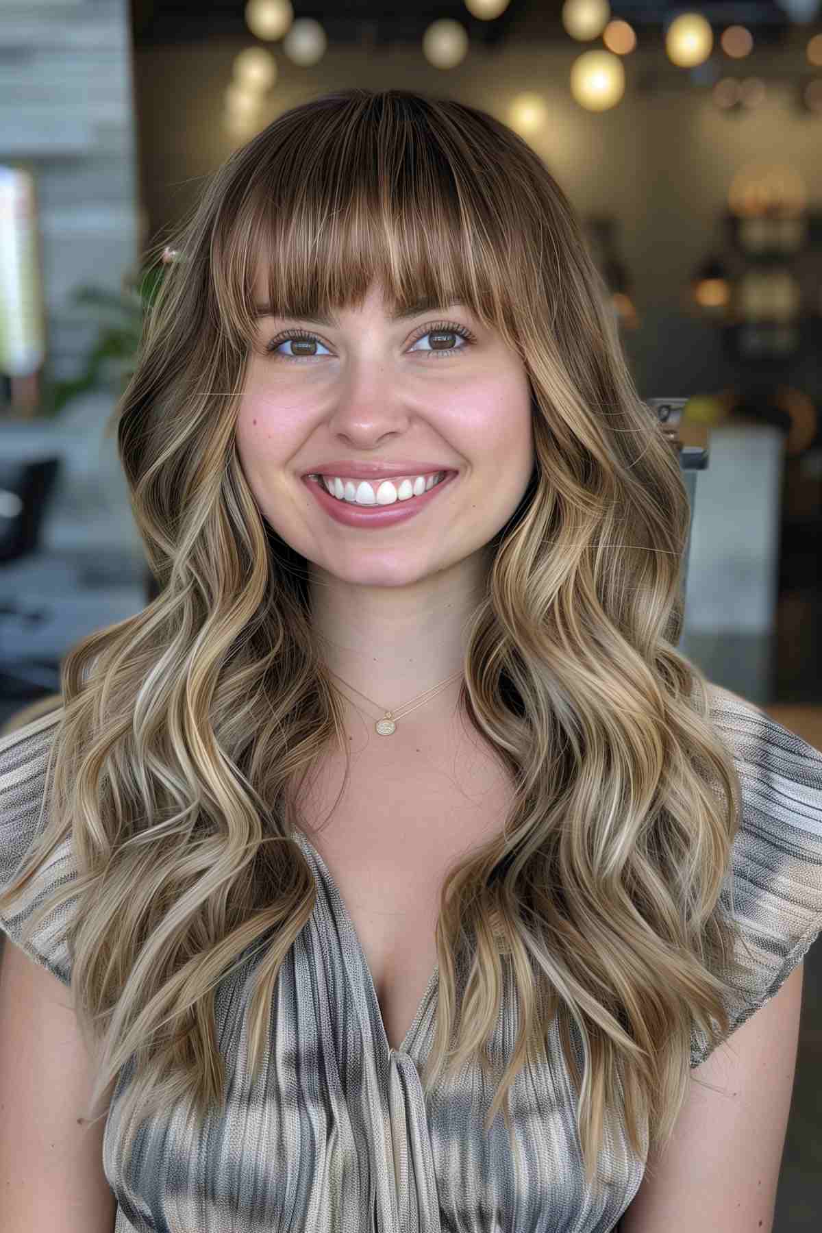 Woman with choppy bangs and long soft wavy hair for a modern edge