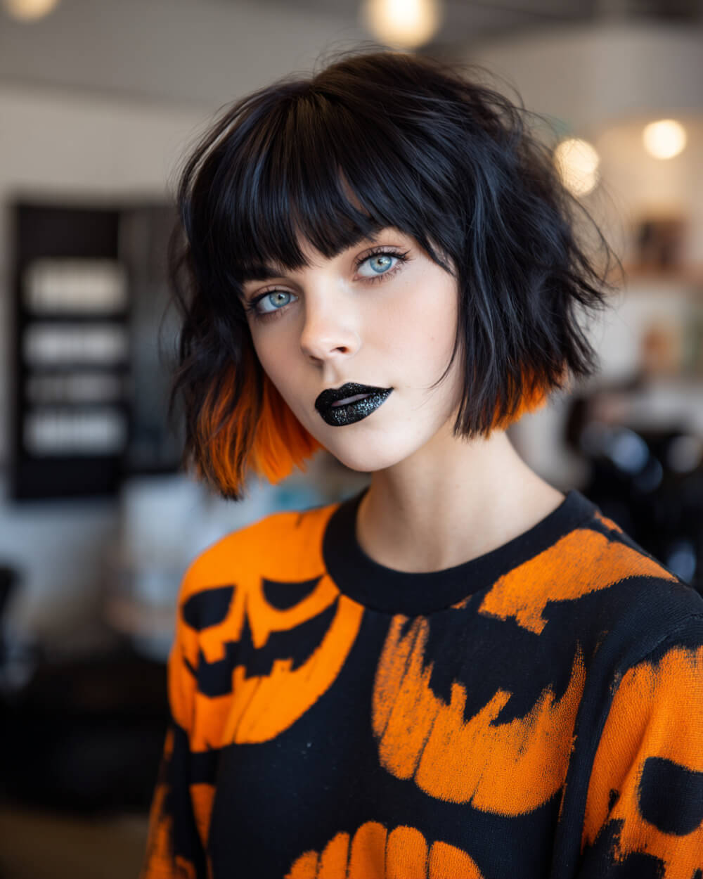 Choppy black bob with pumpkin orange ends and bangs, edgy Halloween hairstyle