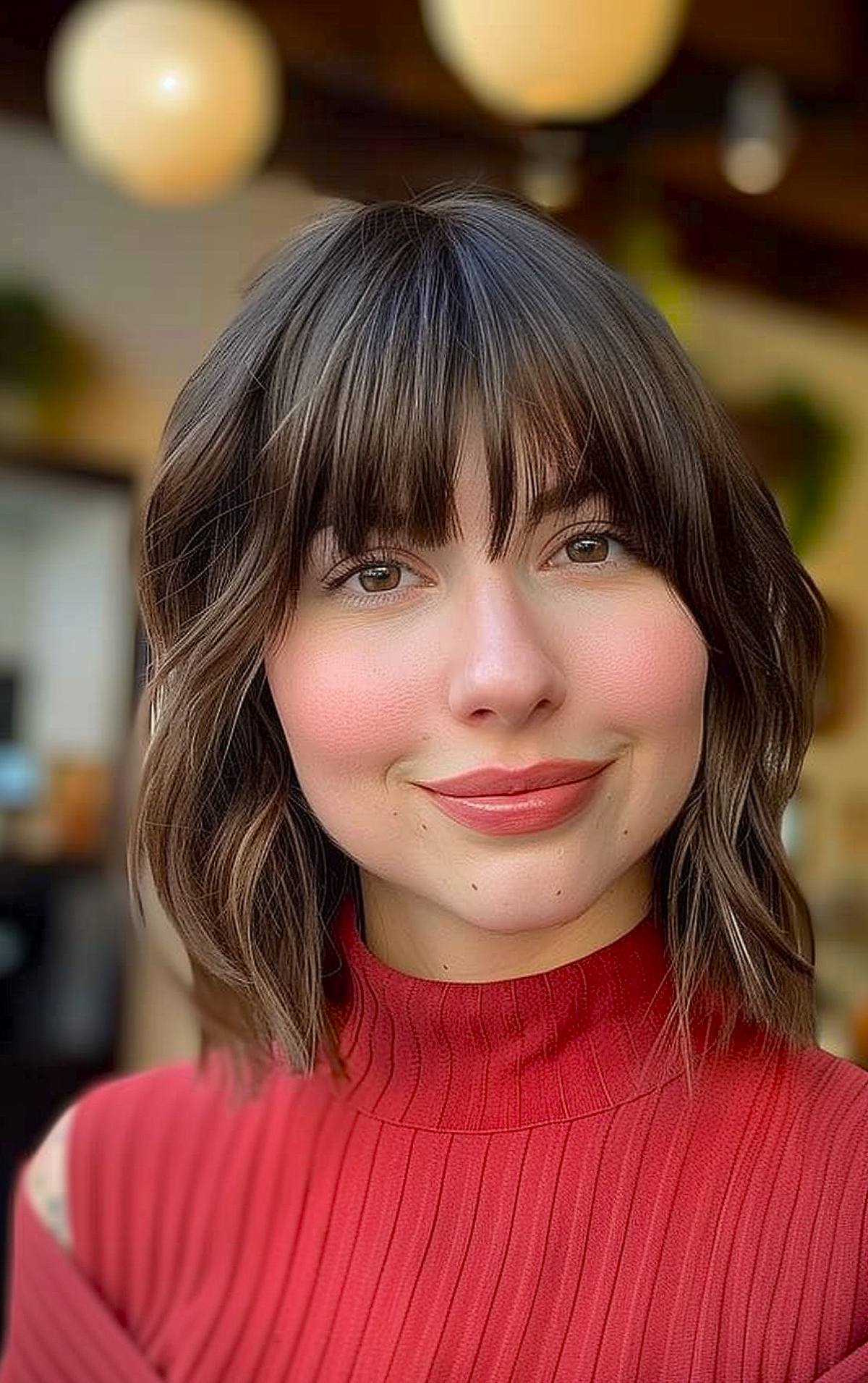 Choppy bob with full bangs and textured layers for a youthful look