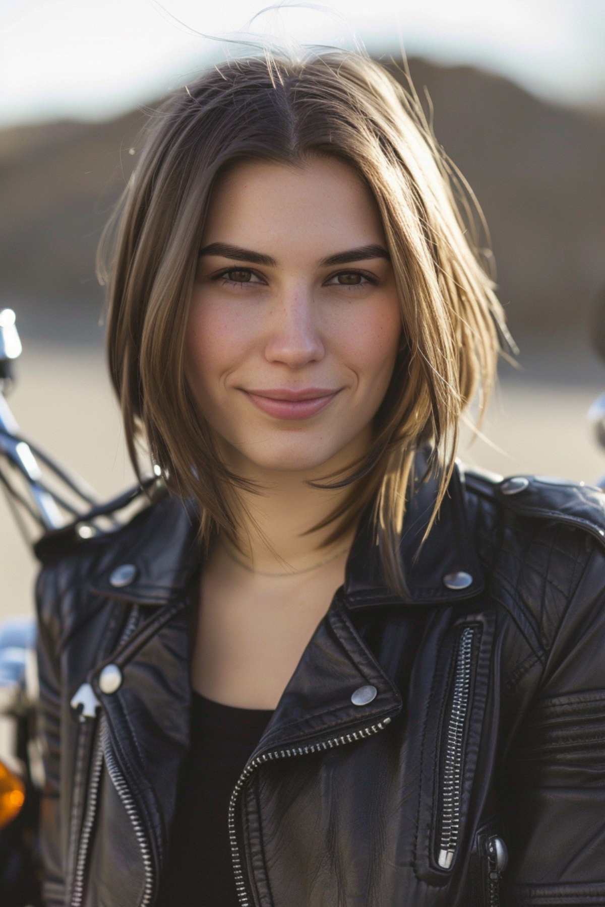 Woman with a choppy bob in a biker jacket