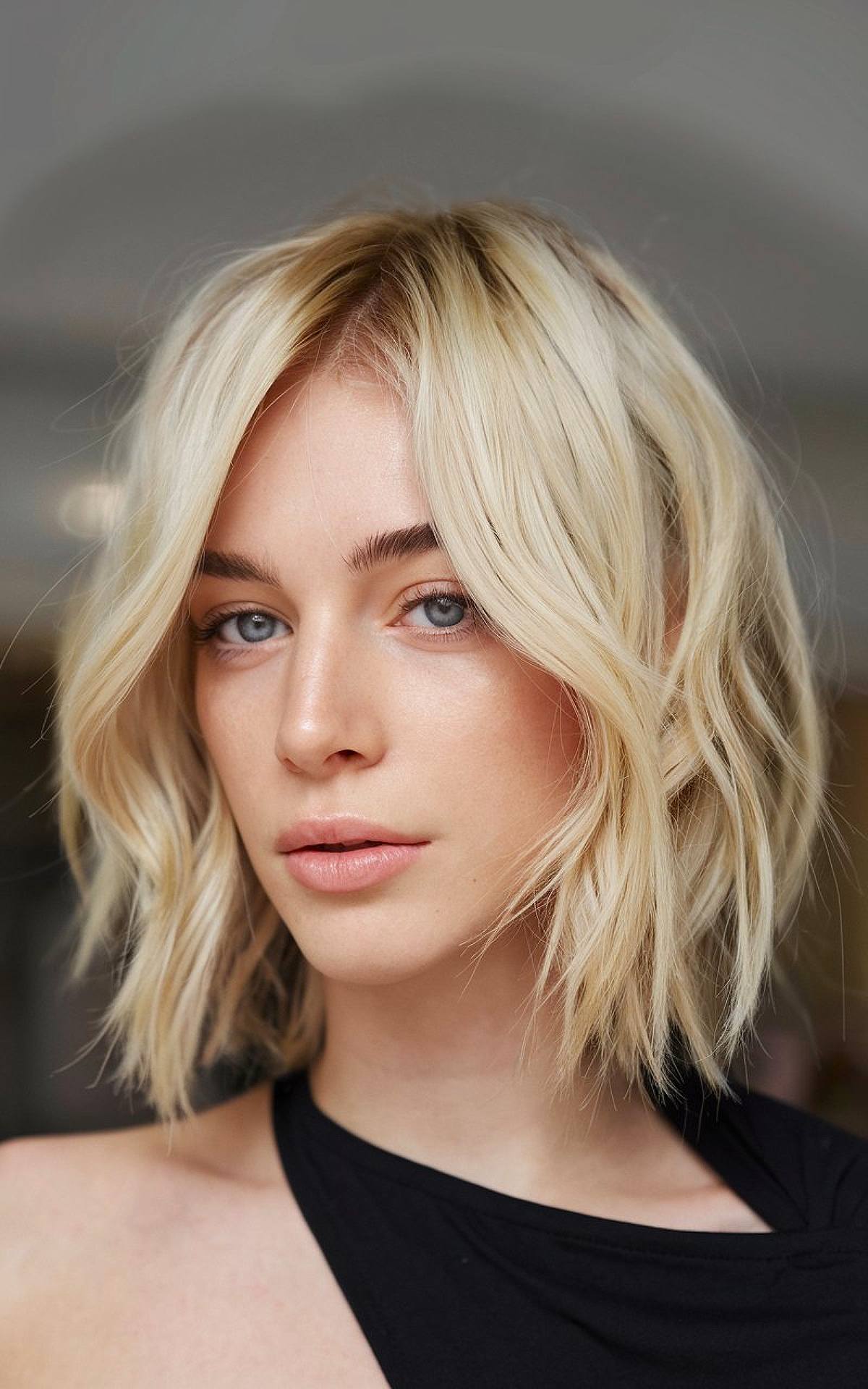 Choppy bob with curtain bangs and soft waves in platinum blonde