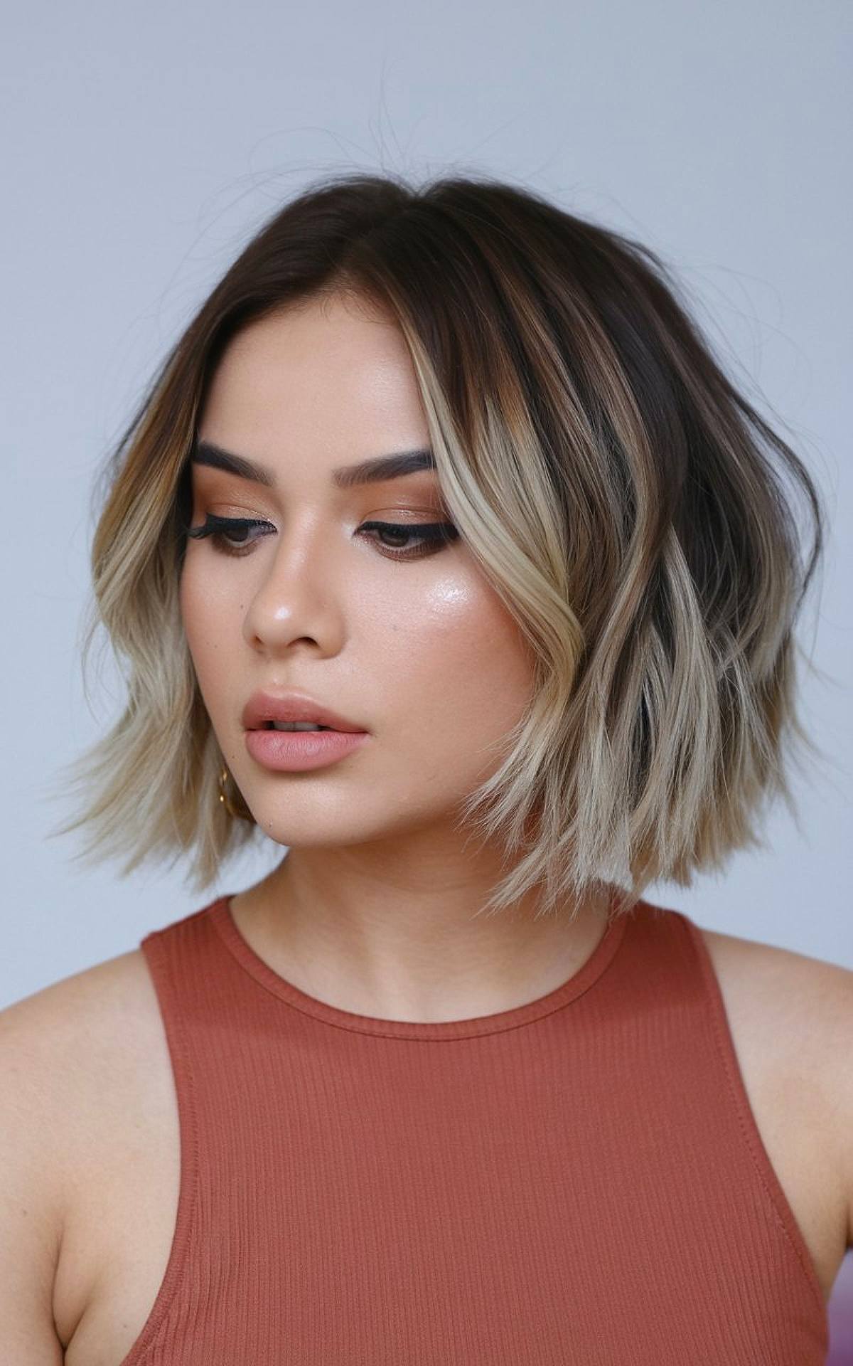 Chin-length choppy bob with blonde balayage on fine hair