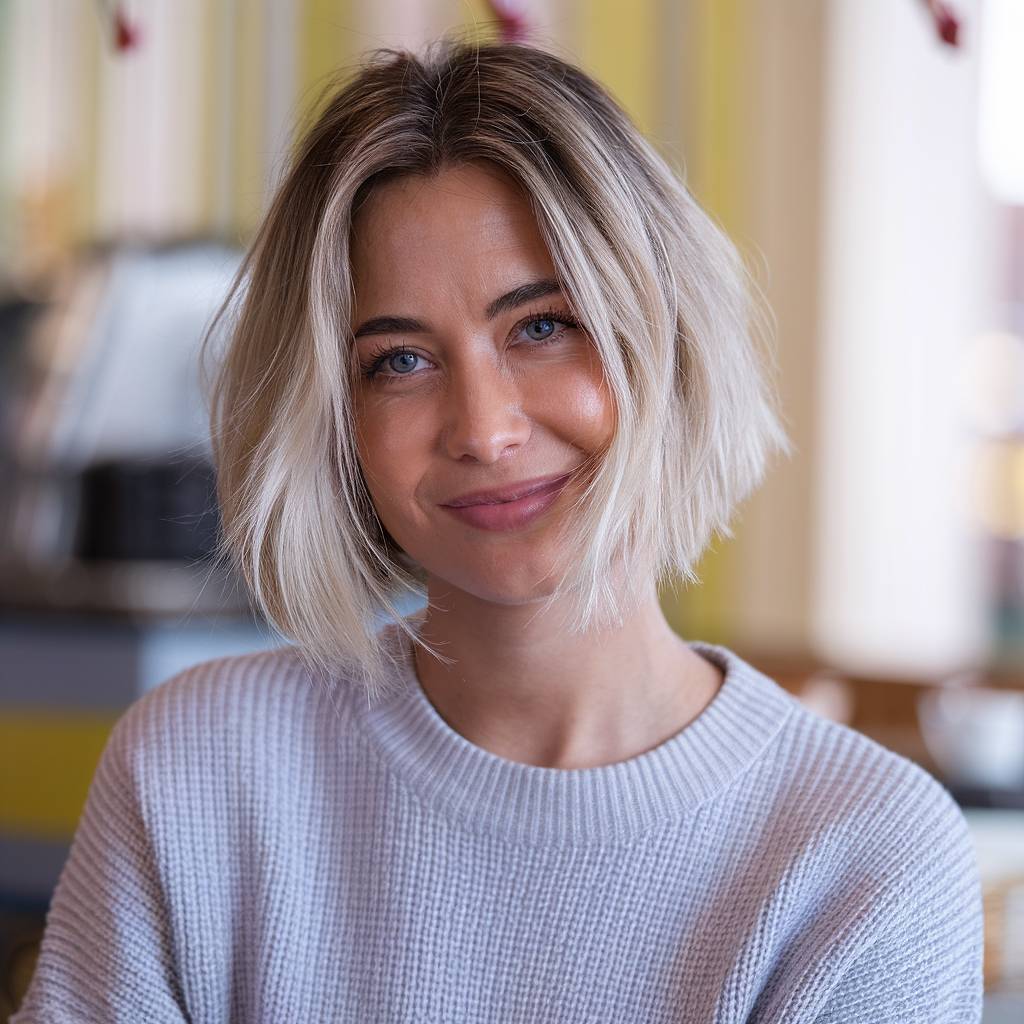 Blunt choppy bob with tousled texture and shadow roots, modern spring haircut