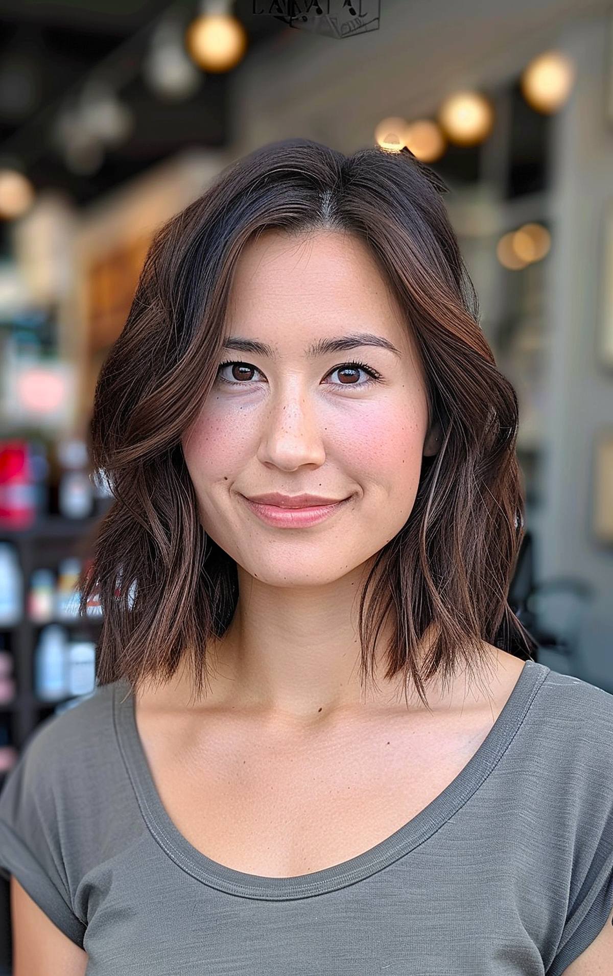 Shoulder-length choppy bob with soft waves for medium to thick hair