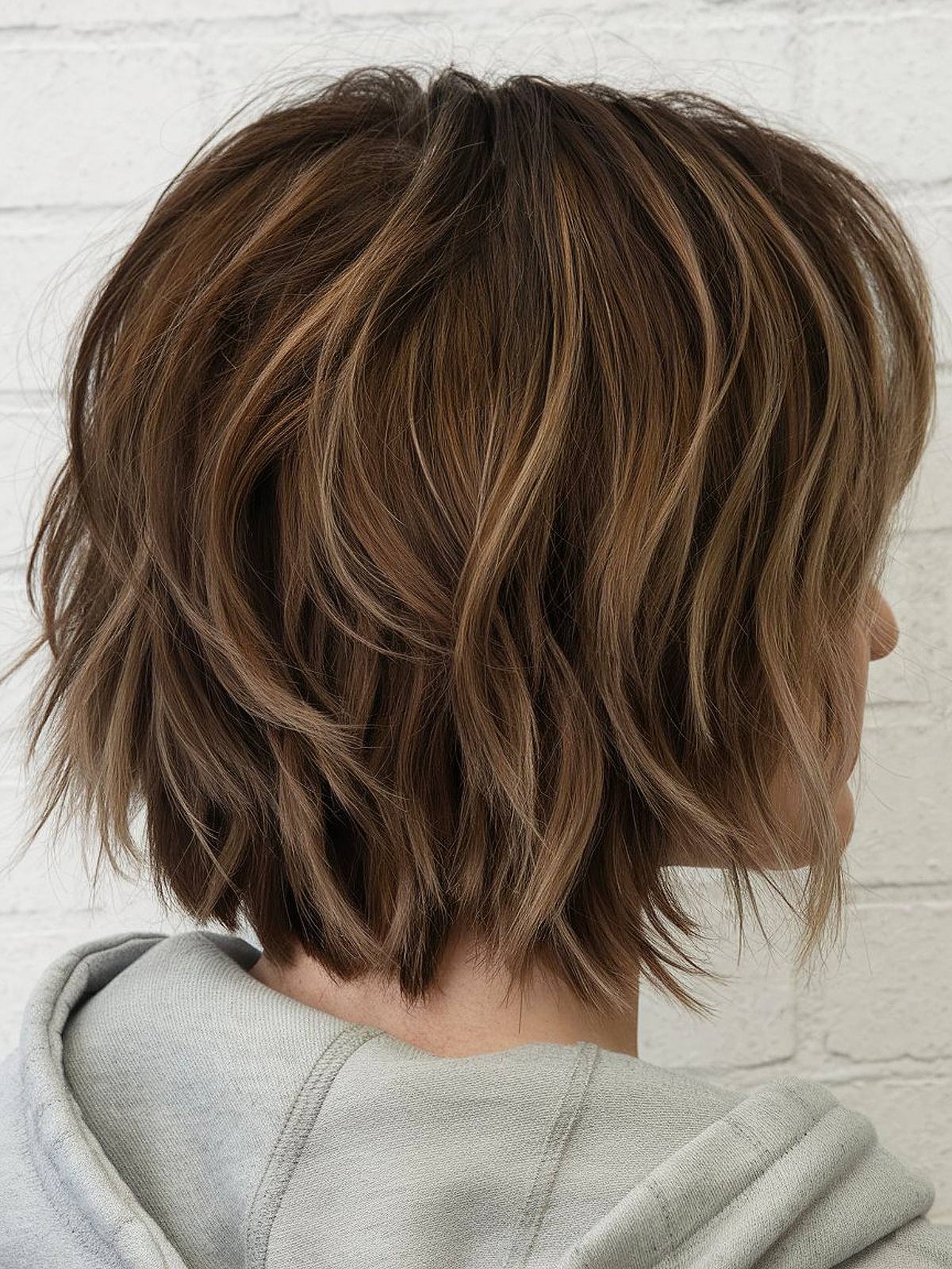 Thick choppy bob with layered texture and stacked back