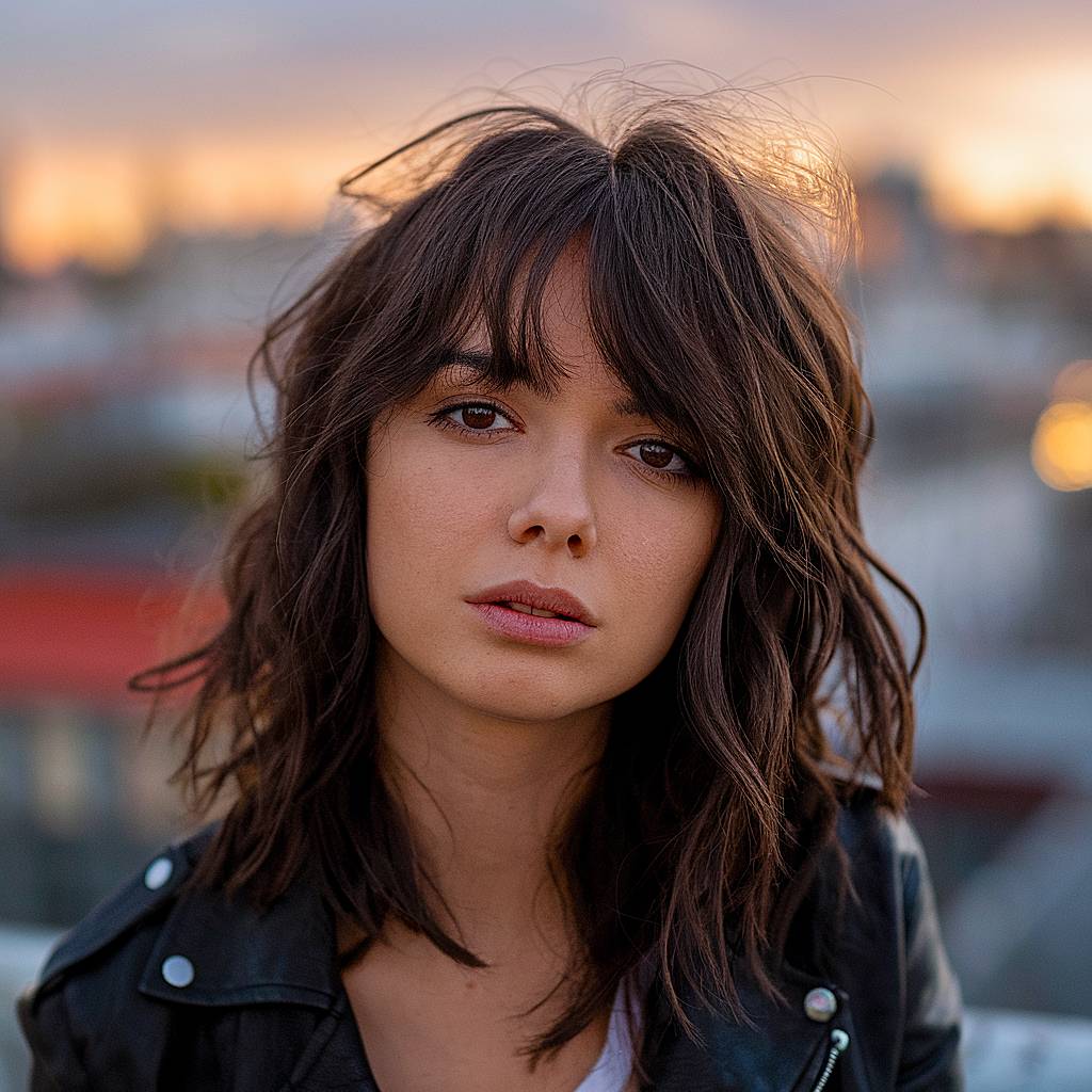 Messy, choppy shoulder-length hair with textured curtain bangs for a modern, edgy look