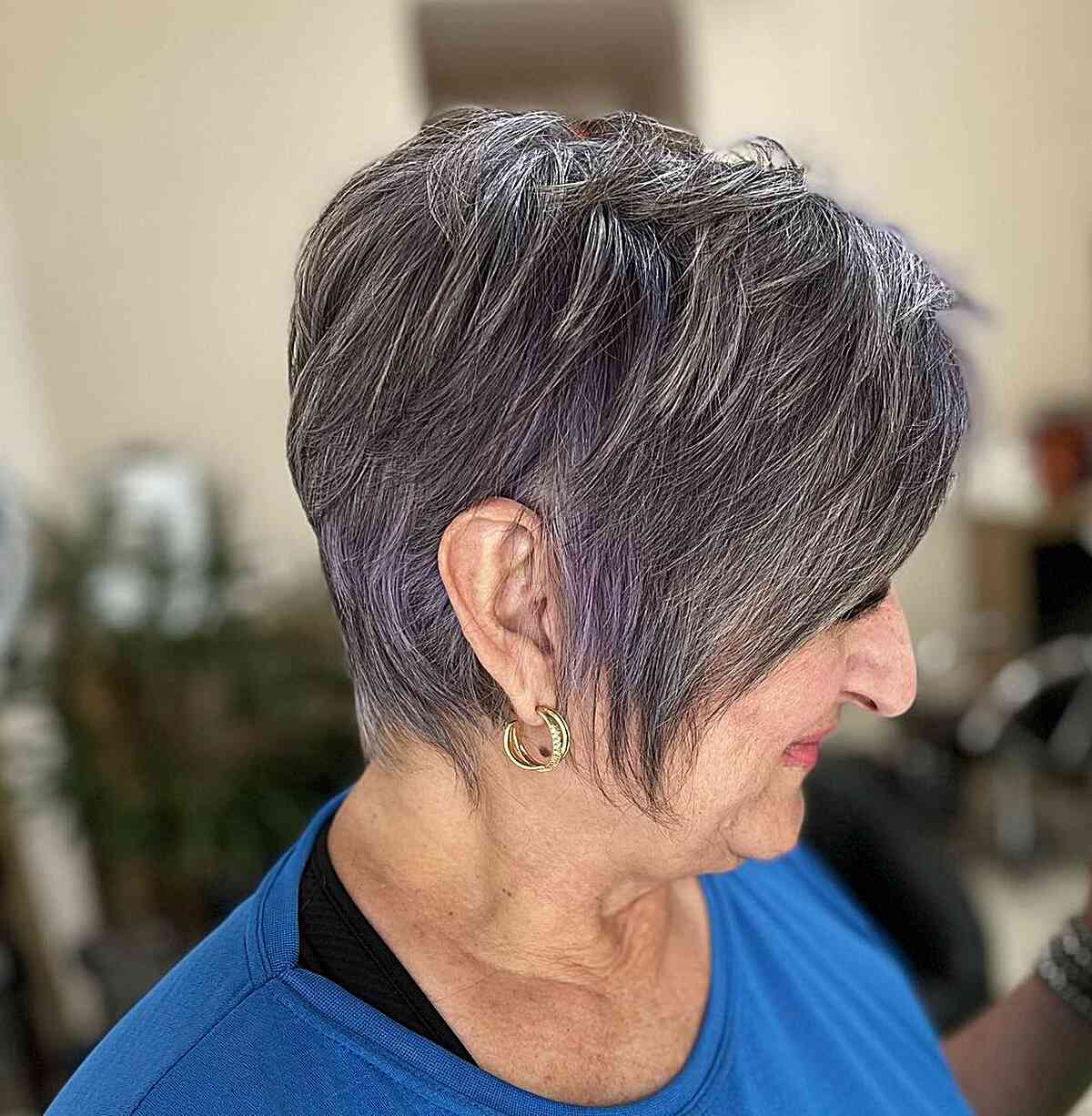 Choppy Dark Grey Classic Pixie with Hints of Purple for 70-Year-Olds