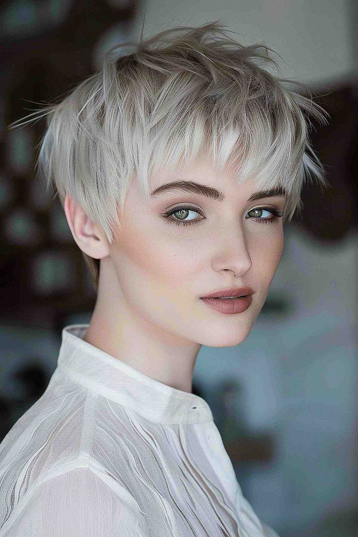 Choppy elf haircut with pixie edge in platinum blonde, featuring a textured, tousled look.