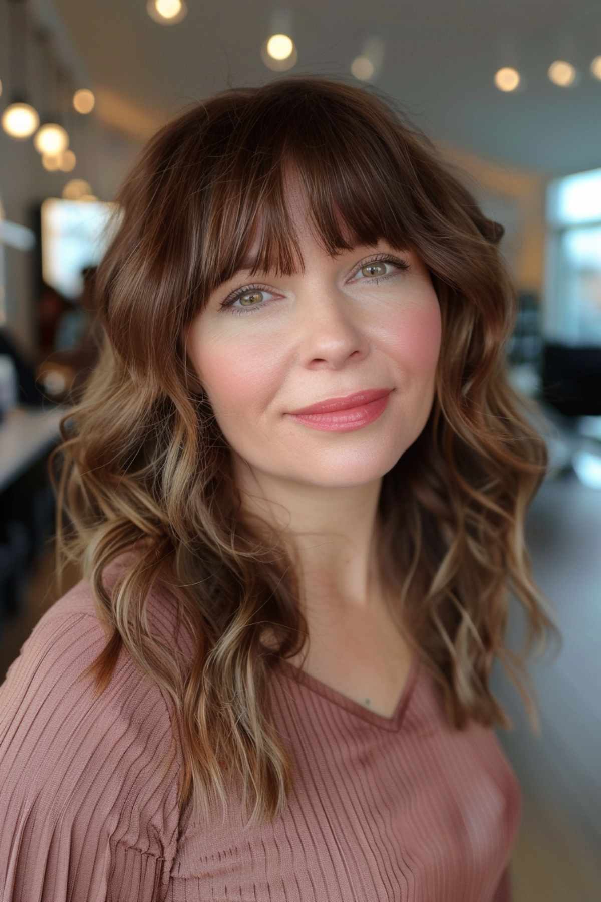 Loose wavy hair with choppy fringe on a woman with medium to thick hair.