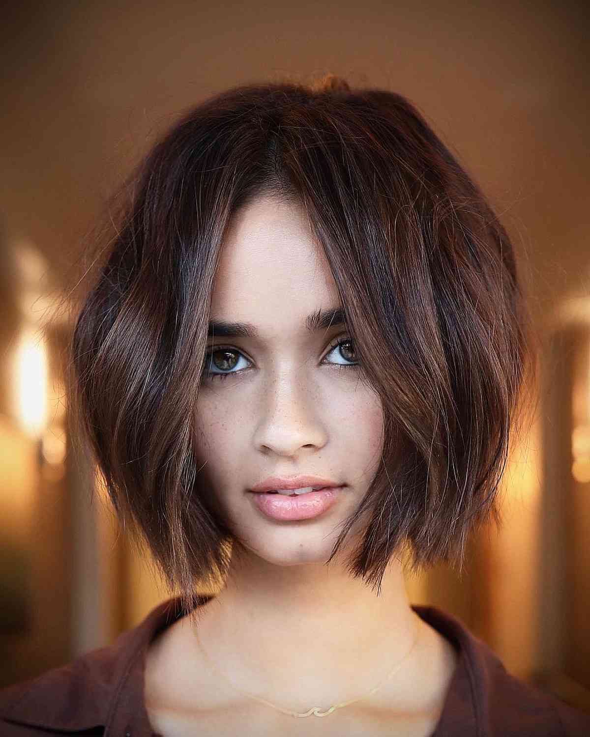 Choppy Full-Looking Chocolate Layered Bob for Thick Hair