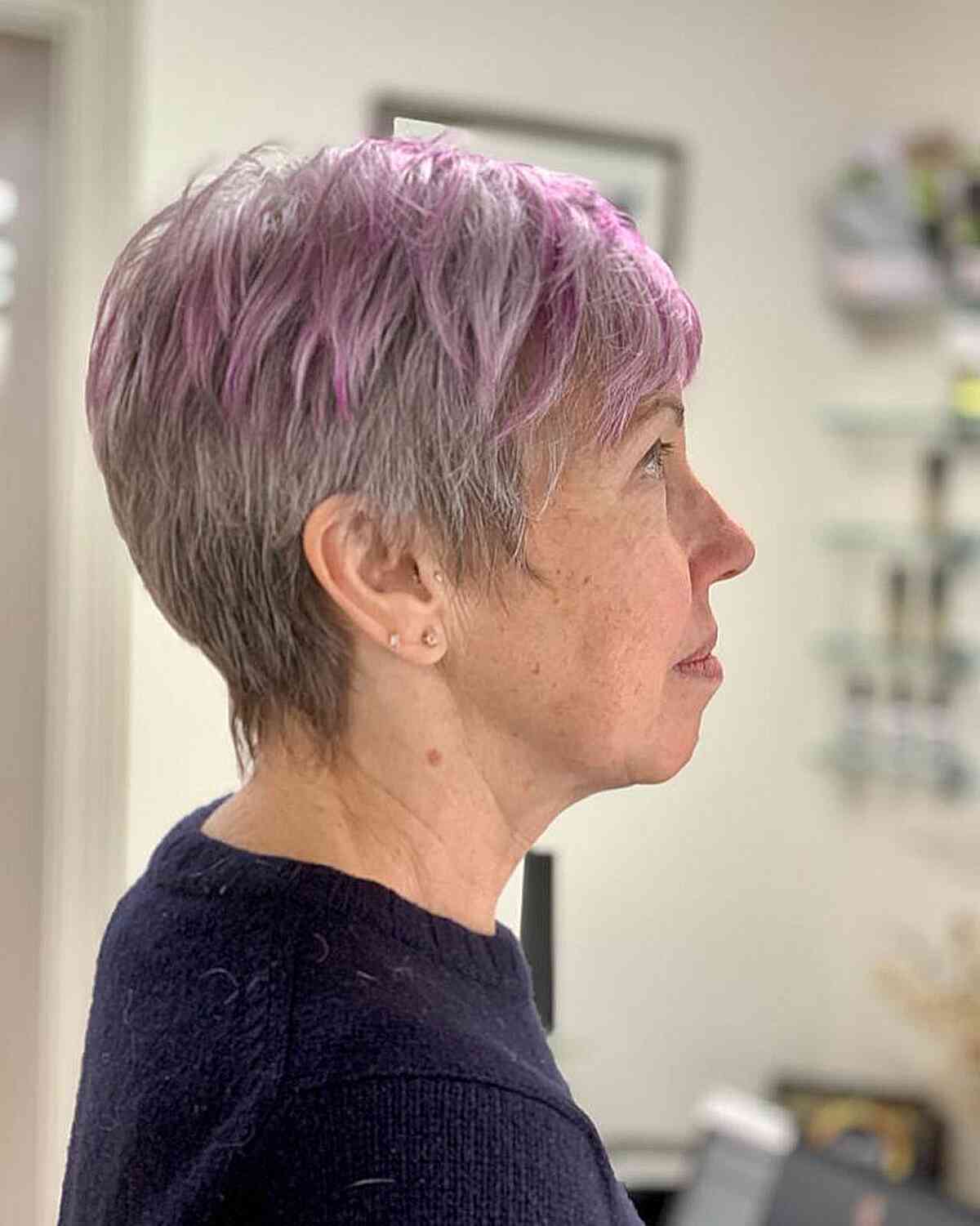 Choppy Gray Pixie with Purple Highlights for Grandmas Over 70