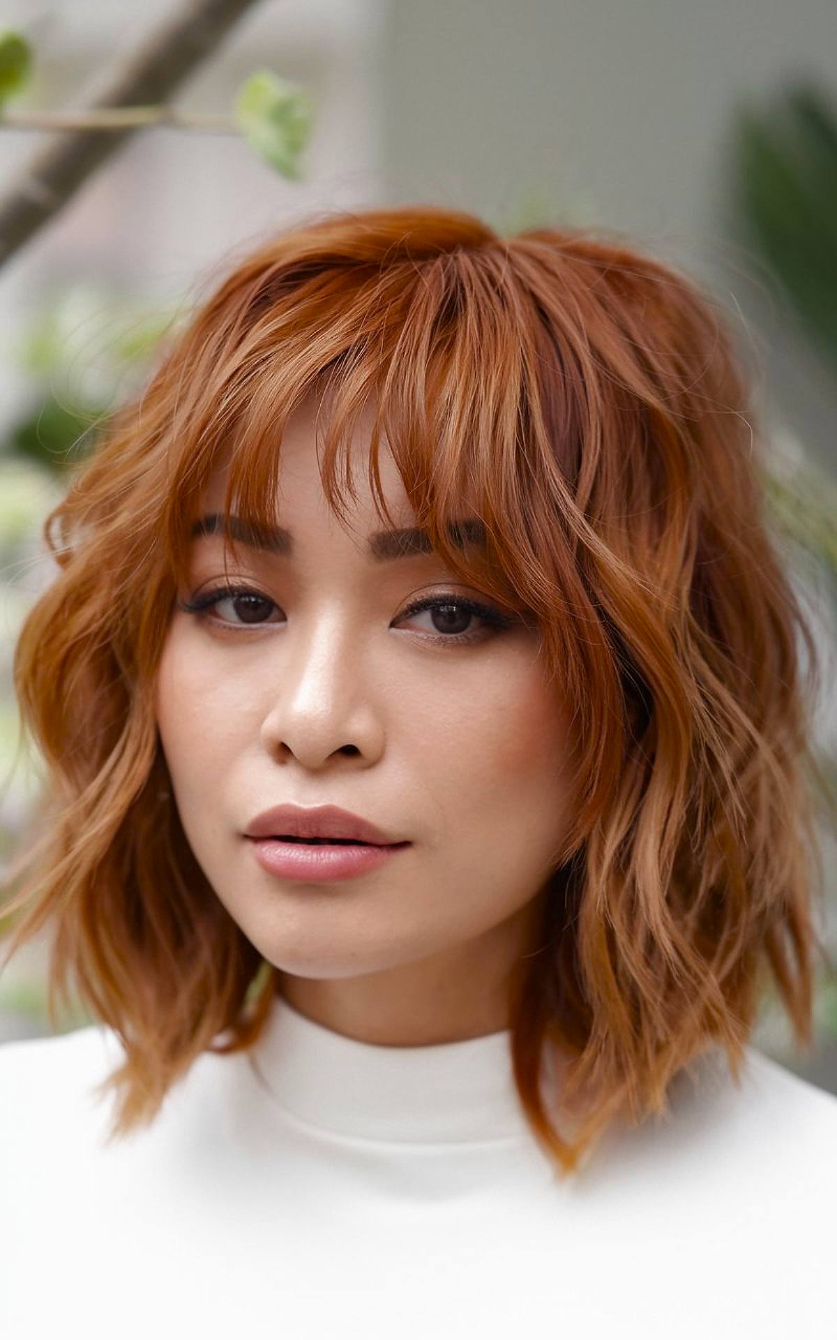 Medium choppy layered bob with copper tones and curtain bangs