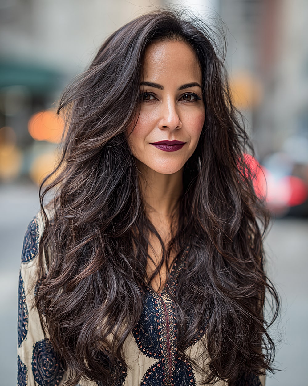 Dark brunette long haircut with choppy layers for natural wavy hair and high density