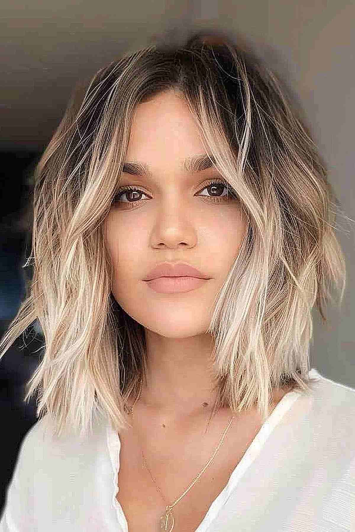 Woman with a choppy layered lob featuring brunette to blonde balayage
