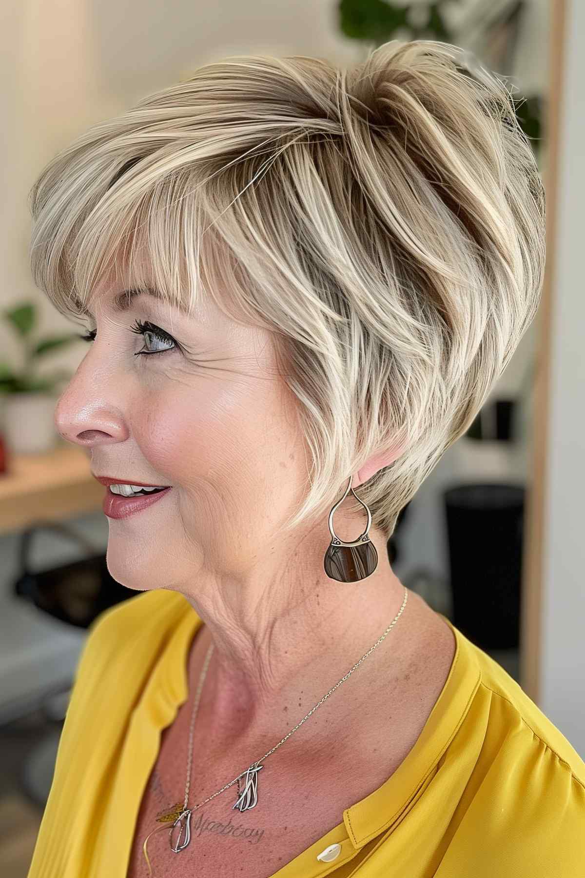 The woman sported a choppy layered pixie cut with light blonde coloring and subtle lowlights.