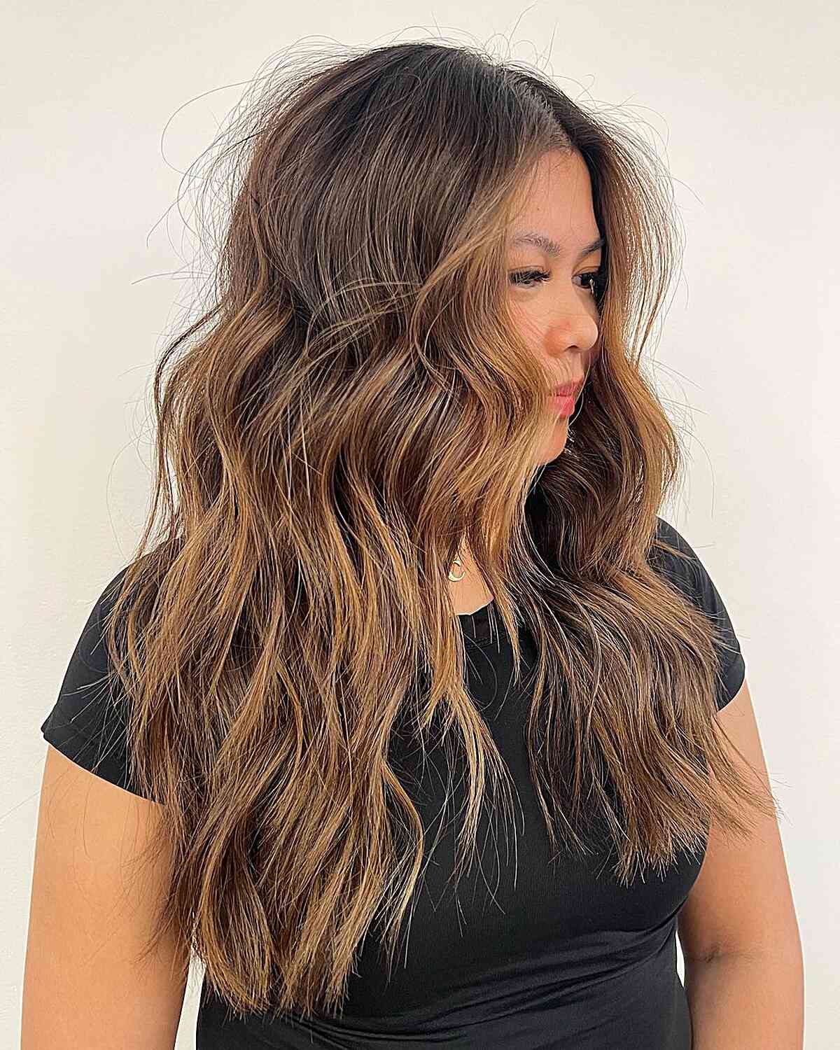 Chest-length Choppy Layers and Espresso Bronde Balayage Color