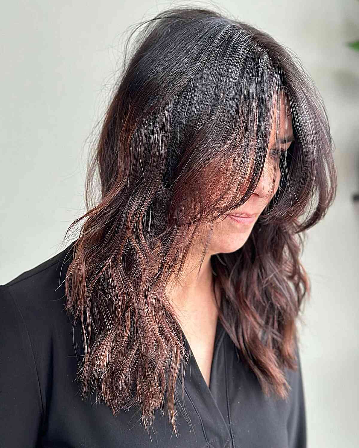 Mid-Length Choppy Layers and Mahogany Ombre Highlights for 60-Year-Old Ladies