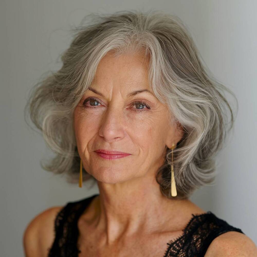 Choppy layered haircut with natural volume, a trendy and youthful style for women over 60