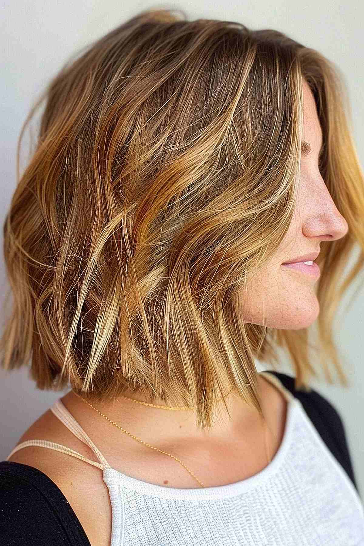 Profile view of a woman with a choppy lob haircut featuring balayage highlights